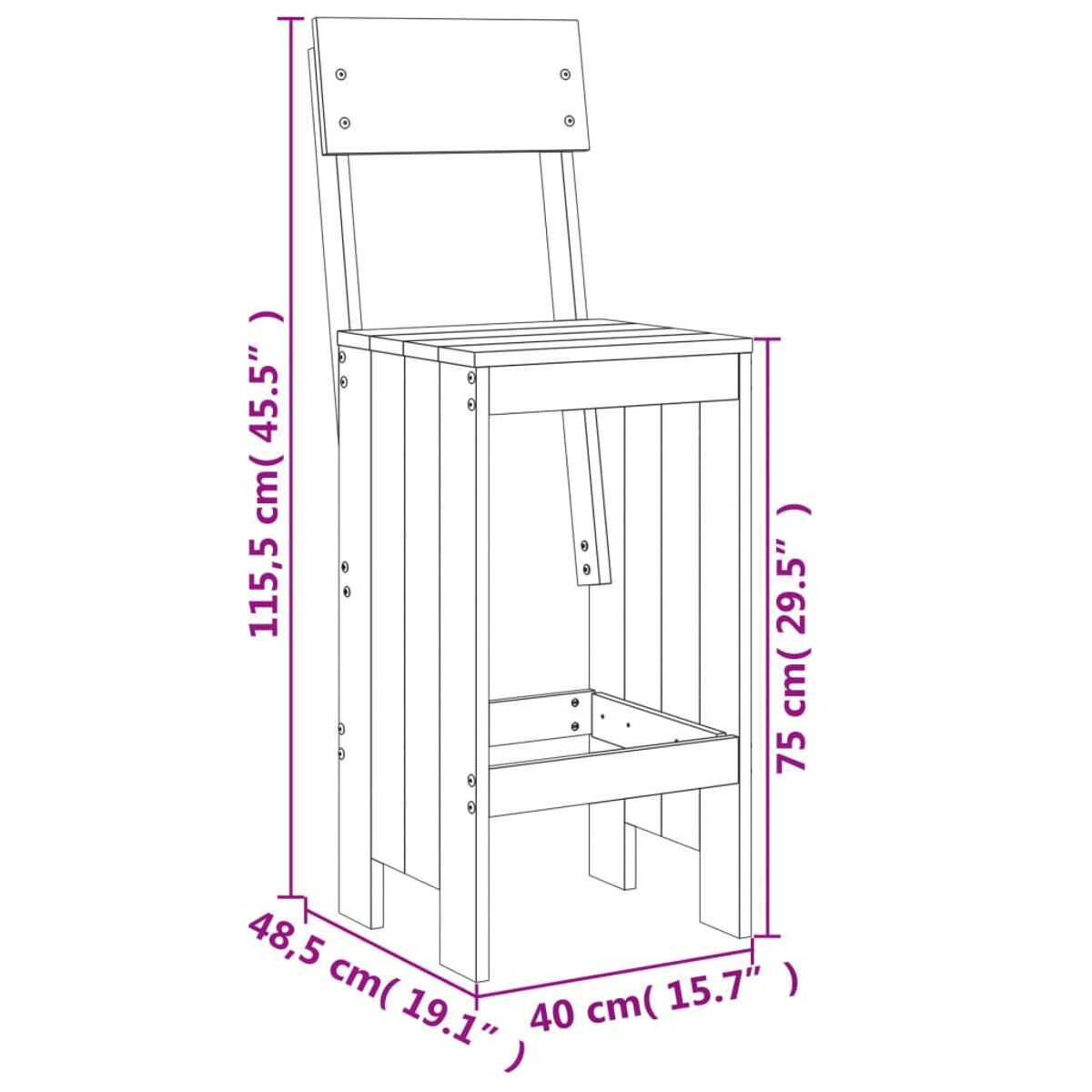 Ein hoher Barhocker aus Holz mit Abmessungen in cm und Zoll.