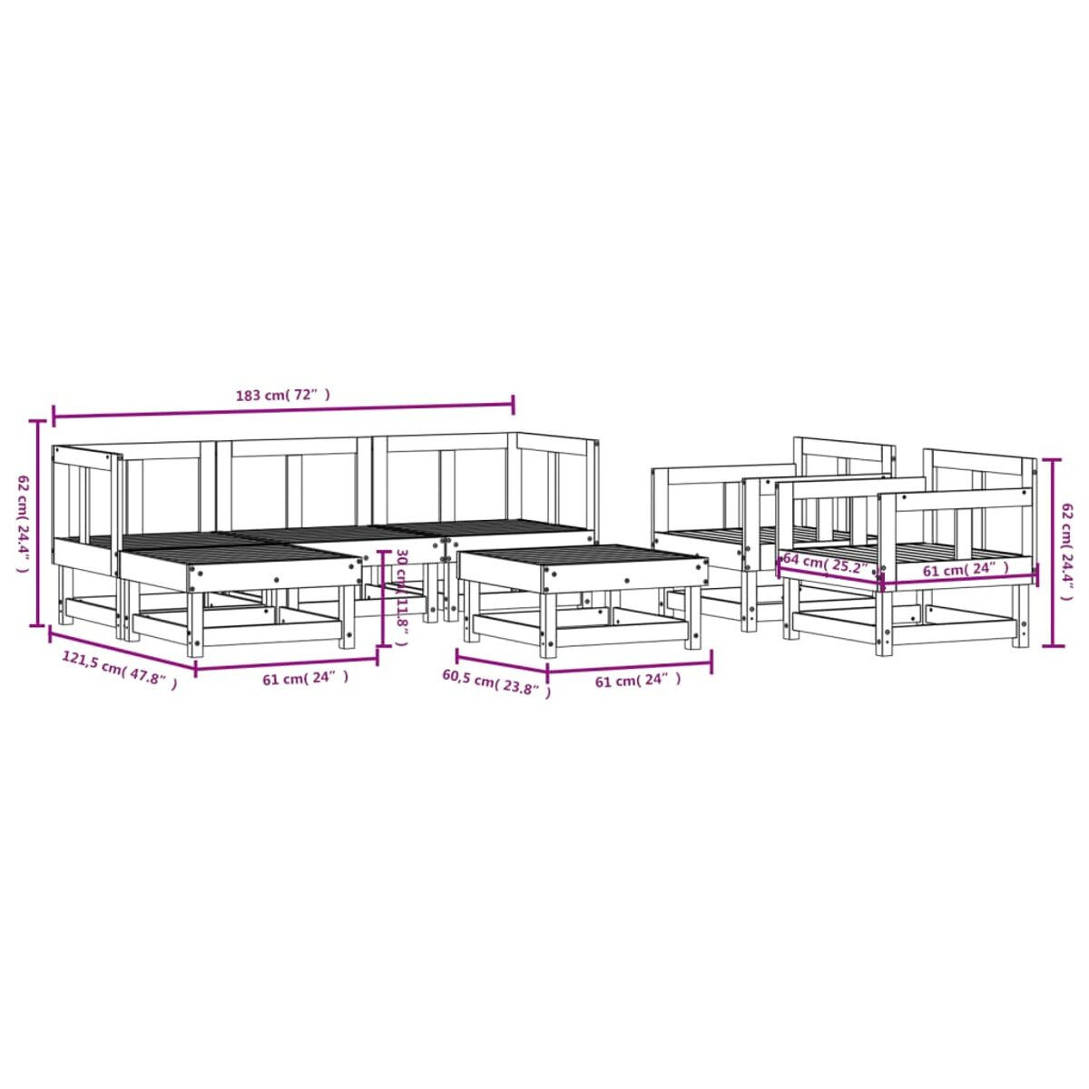 Outdoor-Sofa-Set aus Holz mit Abmessungen in cm und Zoll.