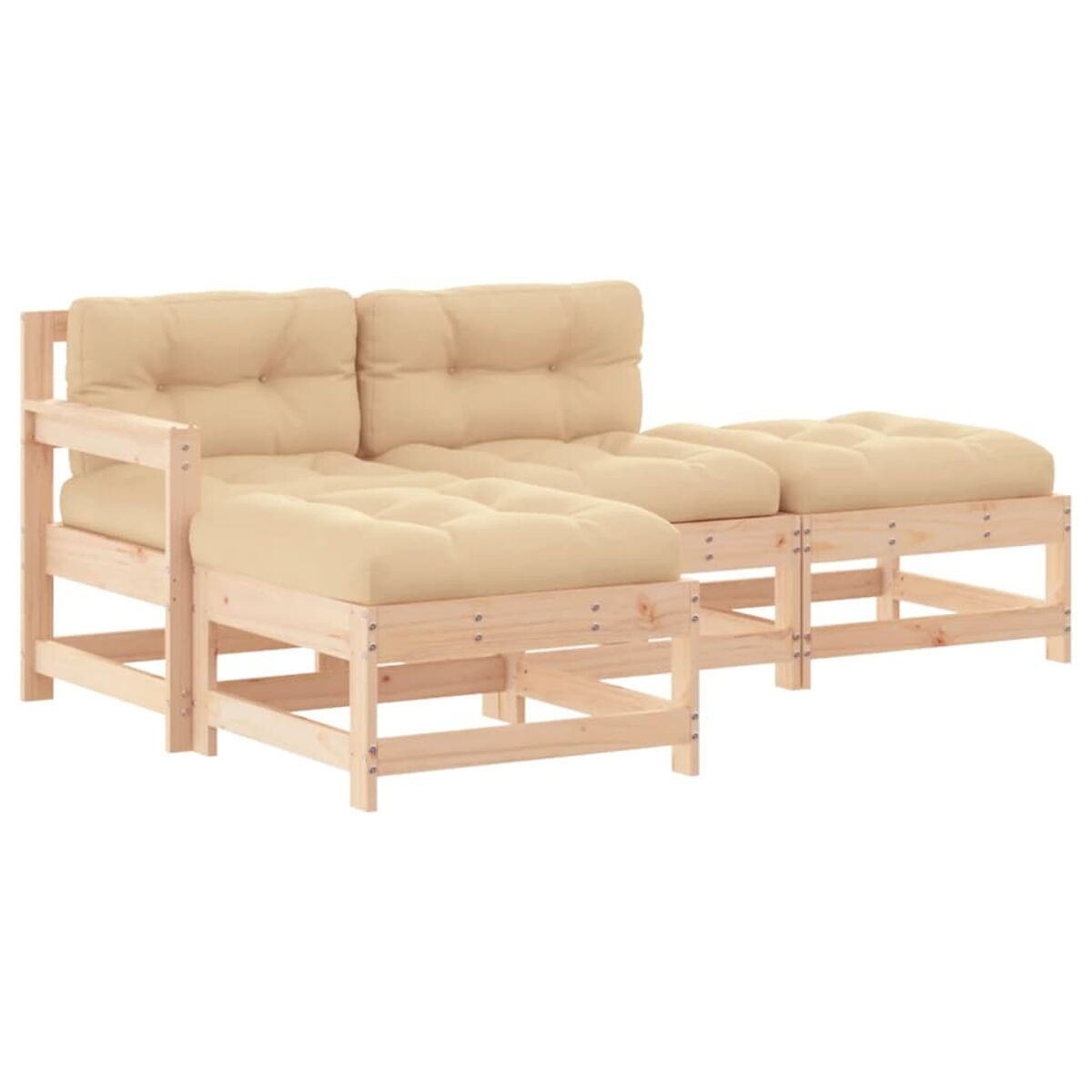 Zweiteiliges Futon-Set aus hellem Holz mit beigen Kissen. Weißer Hintergrund. Einfaches und gemütliches Design.