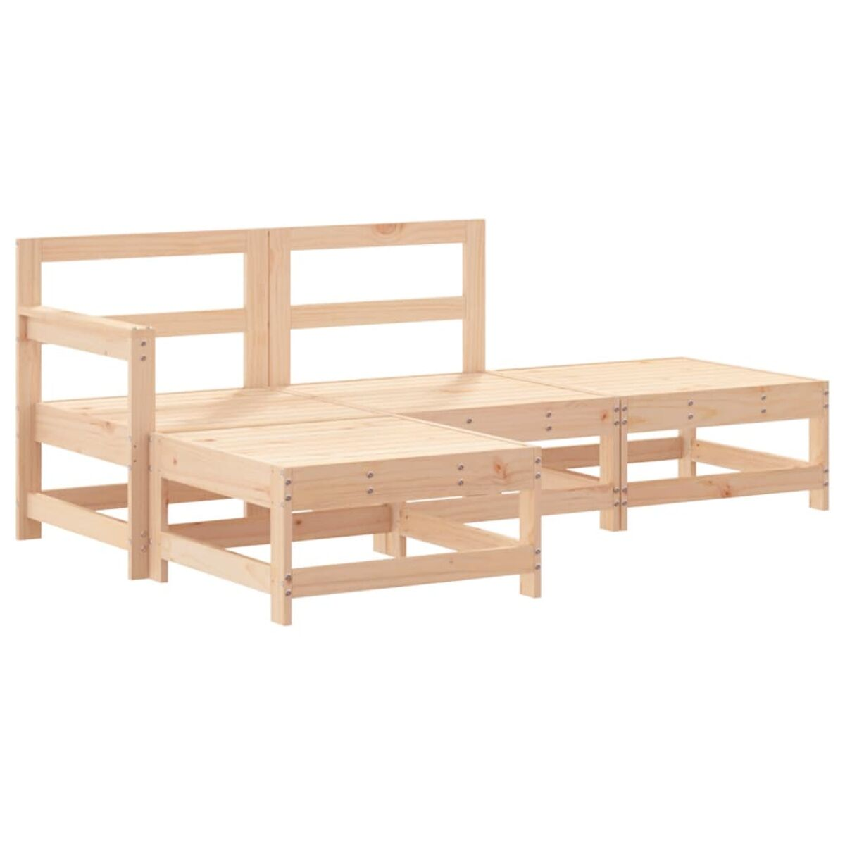Holzsofa-Set. Das Set ist hellbraun und besteht aus mehreren Teilen. Weißer Hintergrund.