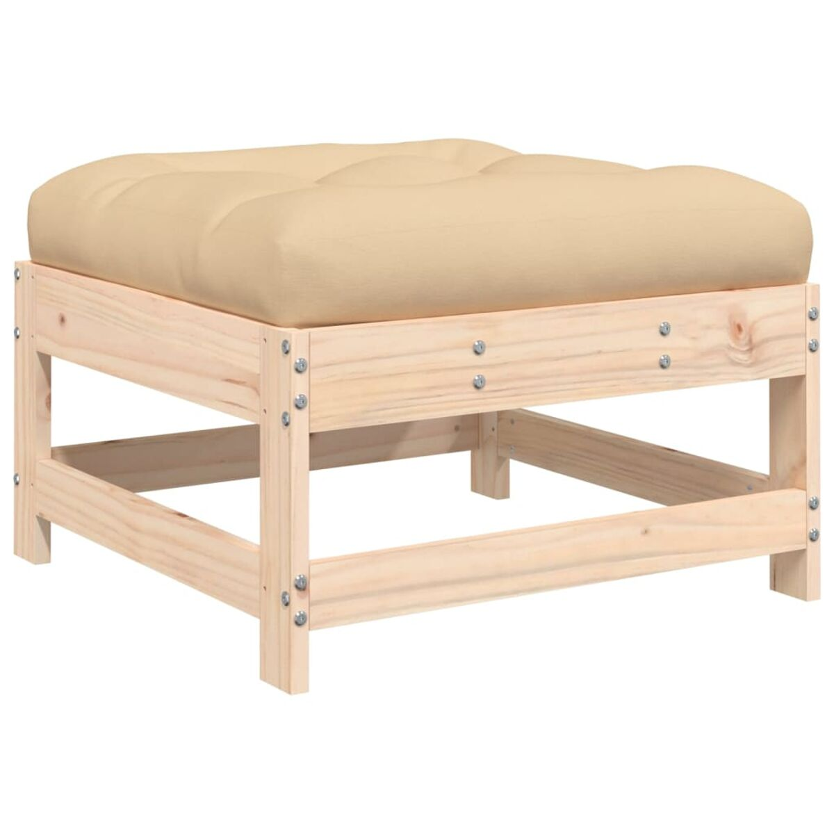 Quadratischer Holz-Hocker mit beigem Kissen. Der Rahmen besteht aus hellbraunem Holz.