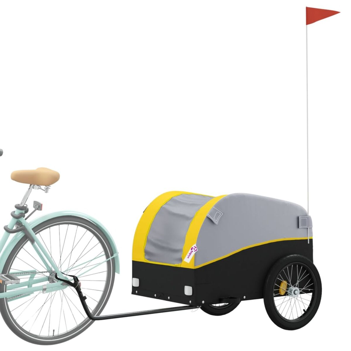 Ein Fahrrad mit Anhänger, der Anhänger ist grau und gelb mit roter Flagge.