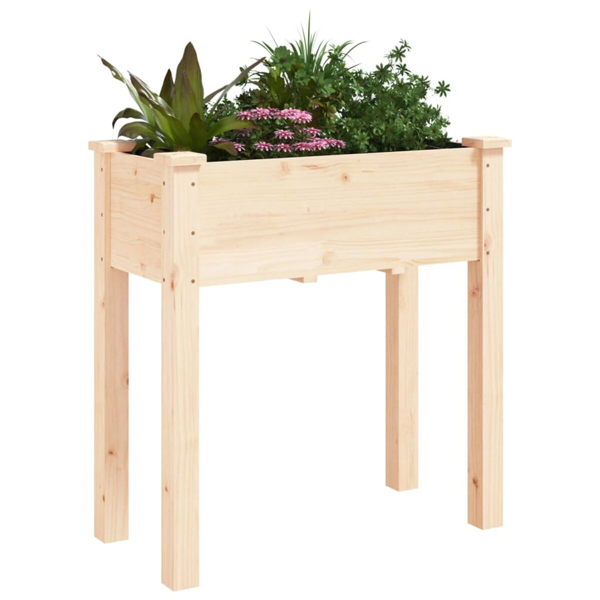Holz-Pflanzkasten mit Pflanzen auf Beinen. Die Kiste ist rechteckig.