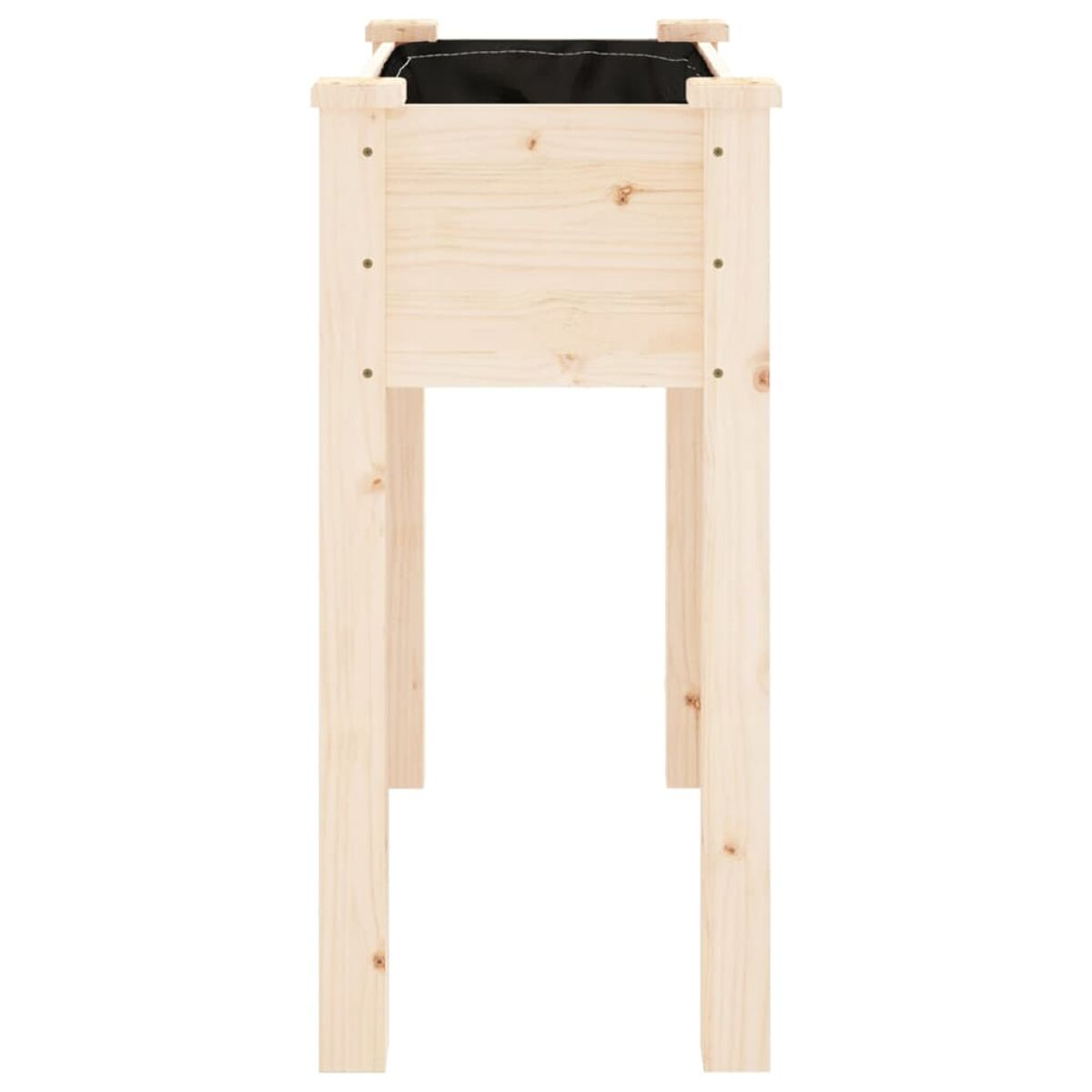 Eine hohe, hellfarbige Pflanzkasten aus Holz mit schwarzem Stofffutter innen.
