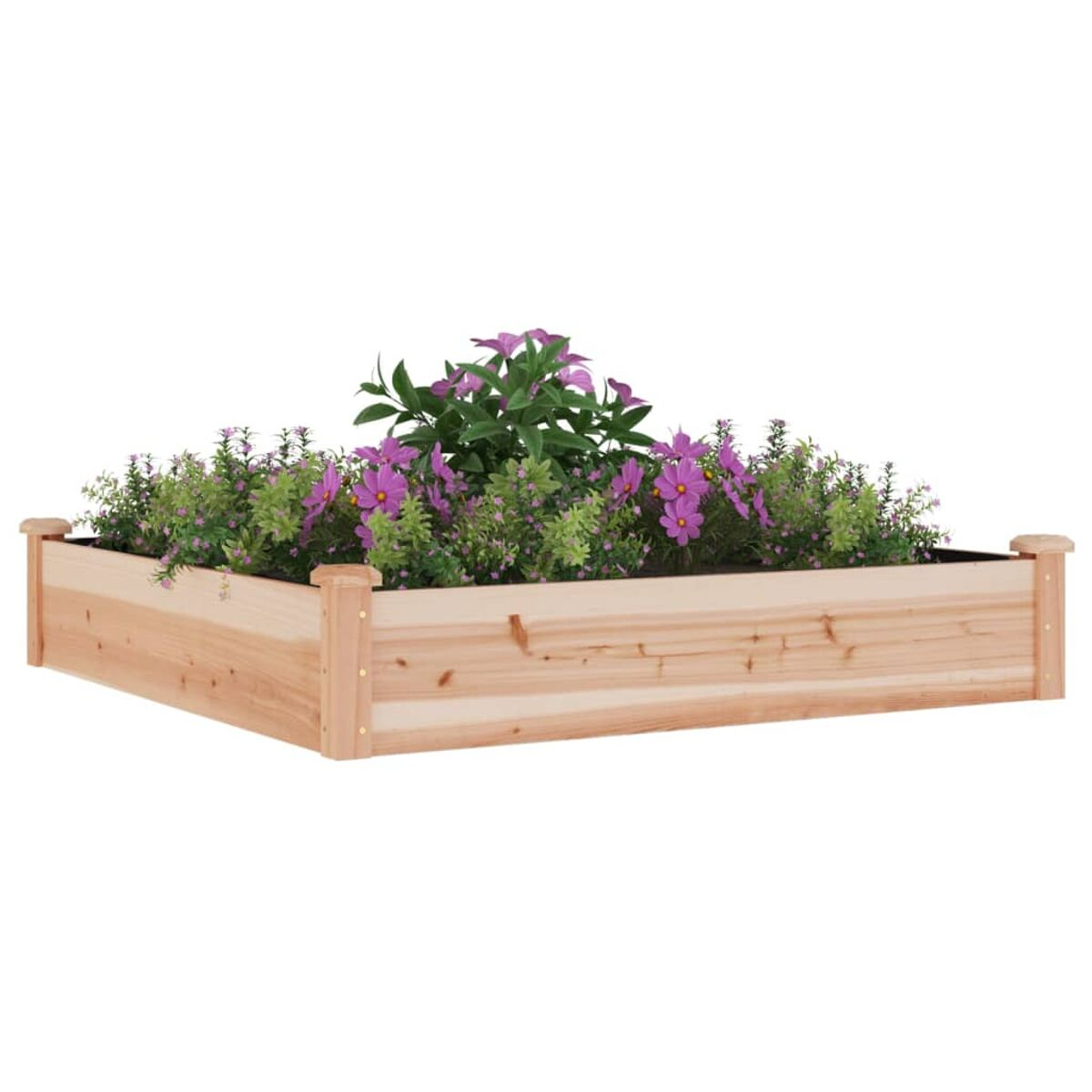 Eine quadratische Pflanzkiste aus Holz mit Blumen und Grünzeug. Die Kiste ist hellbraun.