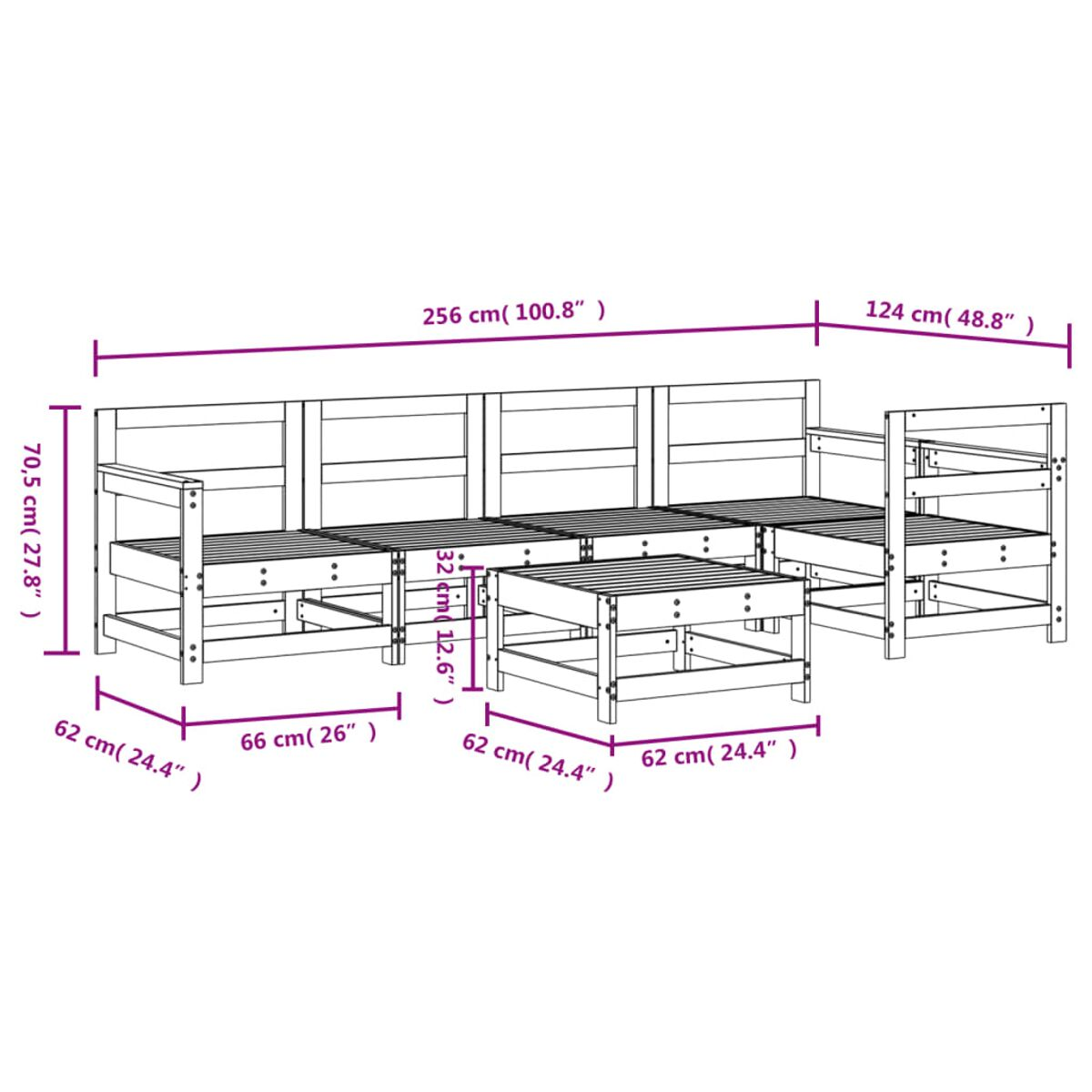 Outdoor-Holzsofa-Set mit Abmessungen. Set beinhaltet Sofa, Loveseat und Couchtisch.
