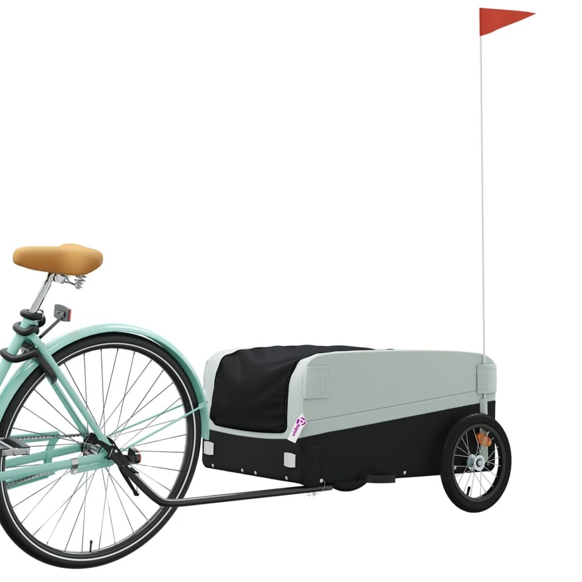 Ein Fahrrad zieht einen Fahrradanhänger. Der Anhänger ist hellgrau und schwarz mit roter Flagge.