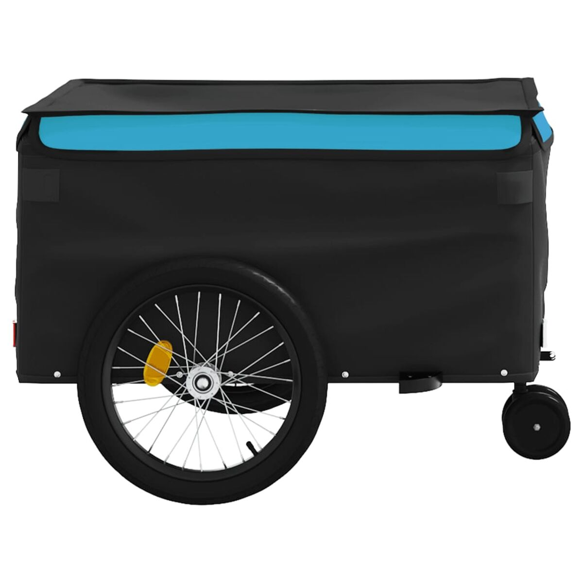 Schwarzer Fahrradanhänger mit blauem Dach. Er hat ein Rad auf jeder Seite und einen gelben Reflektor.