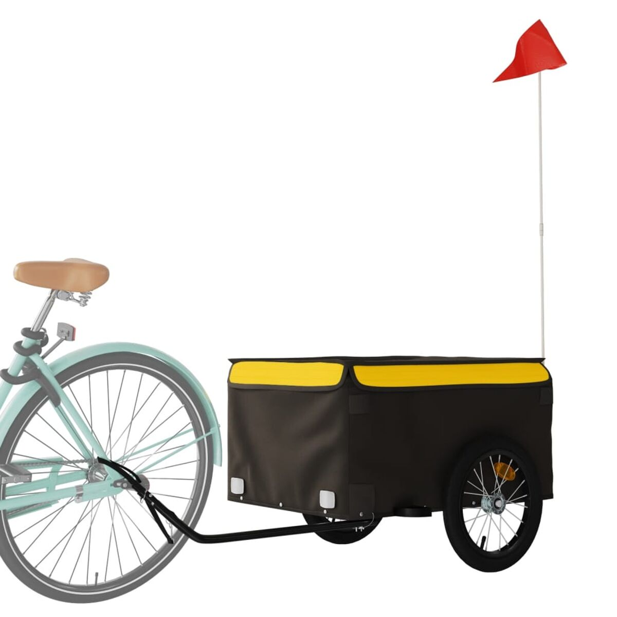 Ein Fahrrad mit Anhänger. Der Anhänger ist schwarz und gelb mit roter Fahne. Weißer Hintergrund.