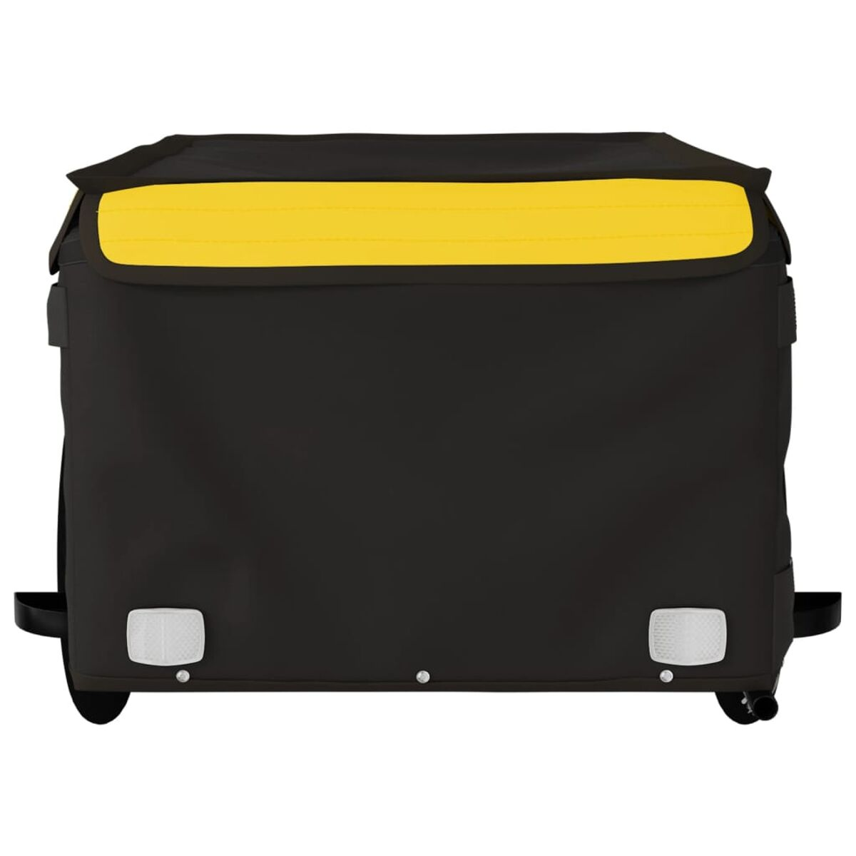 Schwarze Liefertasche mit gelbem Streifen oben. Unten zwei weiße Lichter.