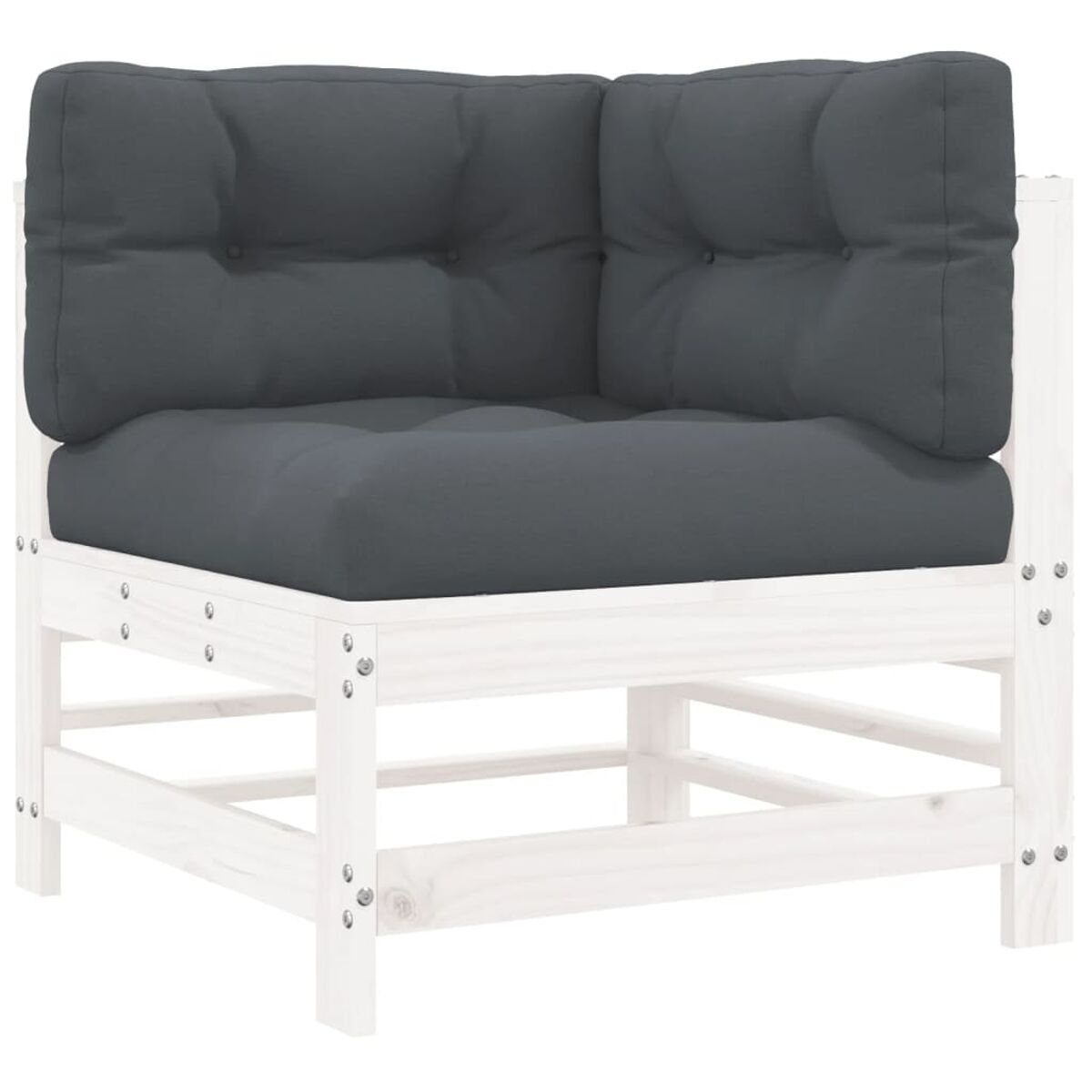 Weißes Ecksofa mit dunkelgrauen Kissen.
