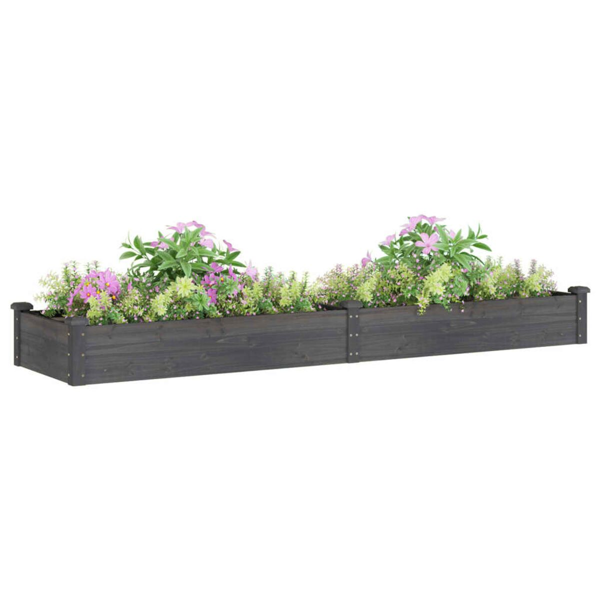 Eine dunkelgraue Pflanzkasten mit Blumen.