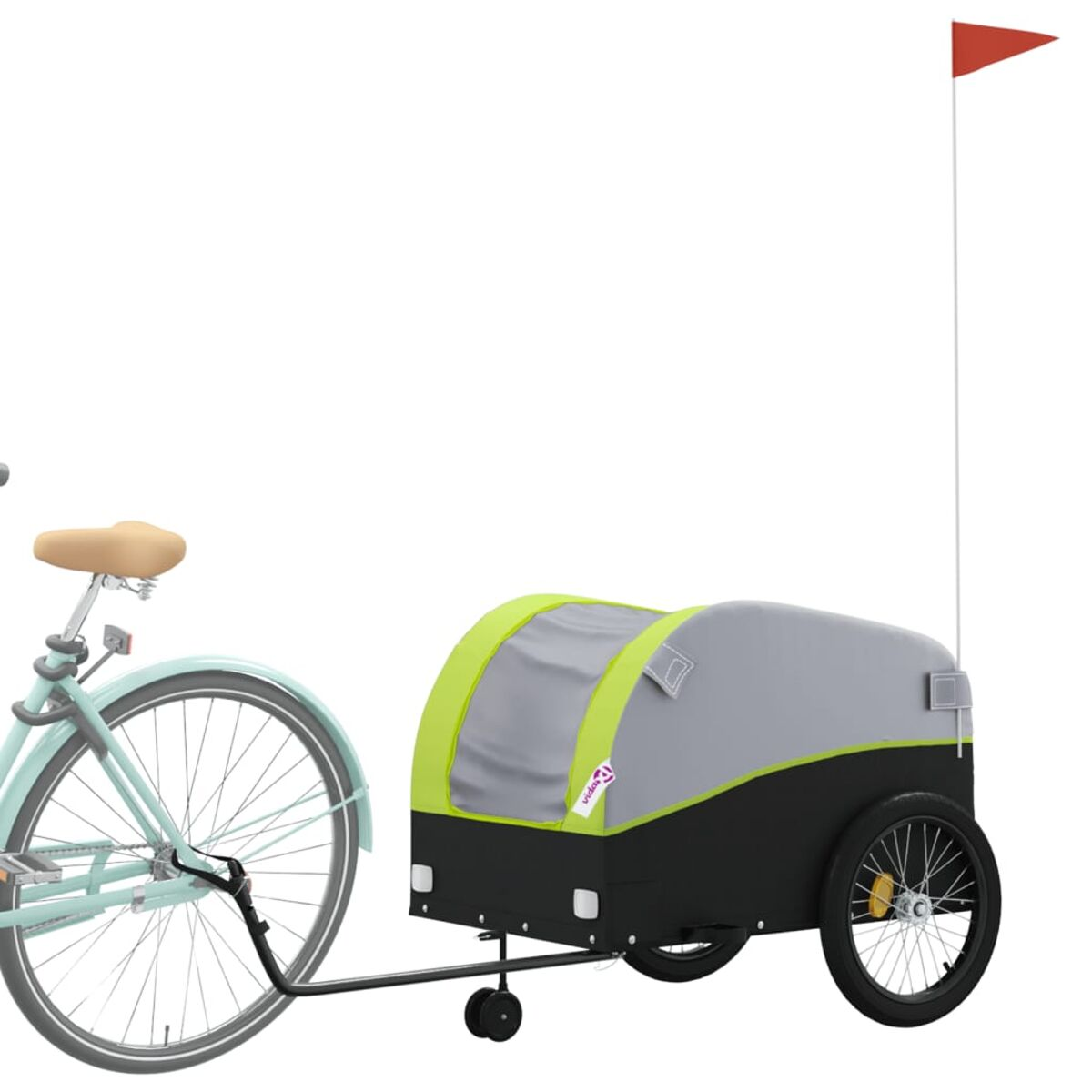 Ein Fahrrad zieht einen grau-grünen Anhänger mit roter Flagge.