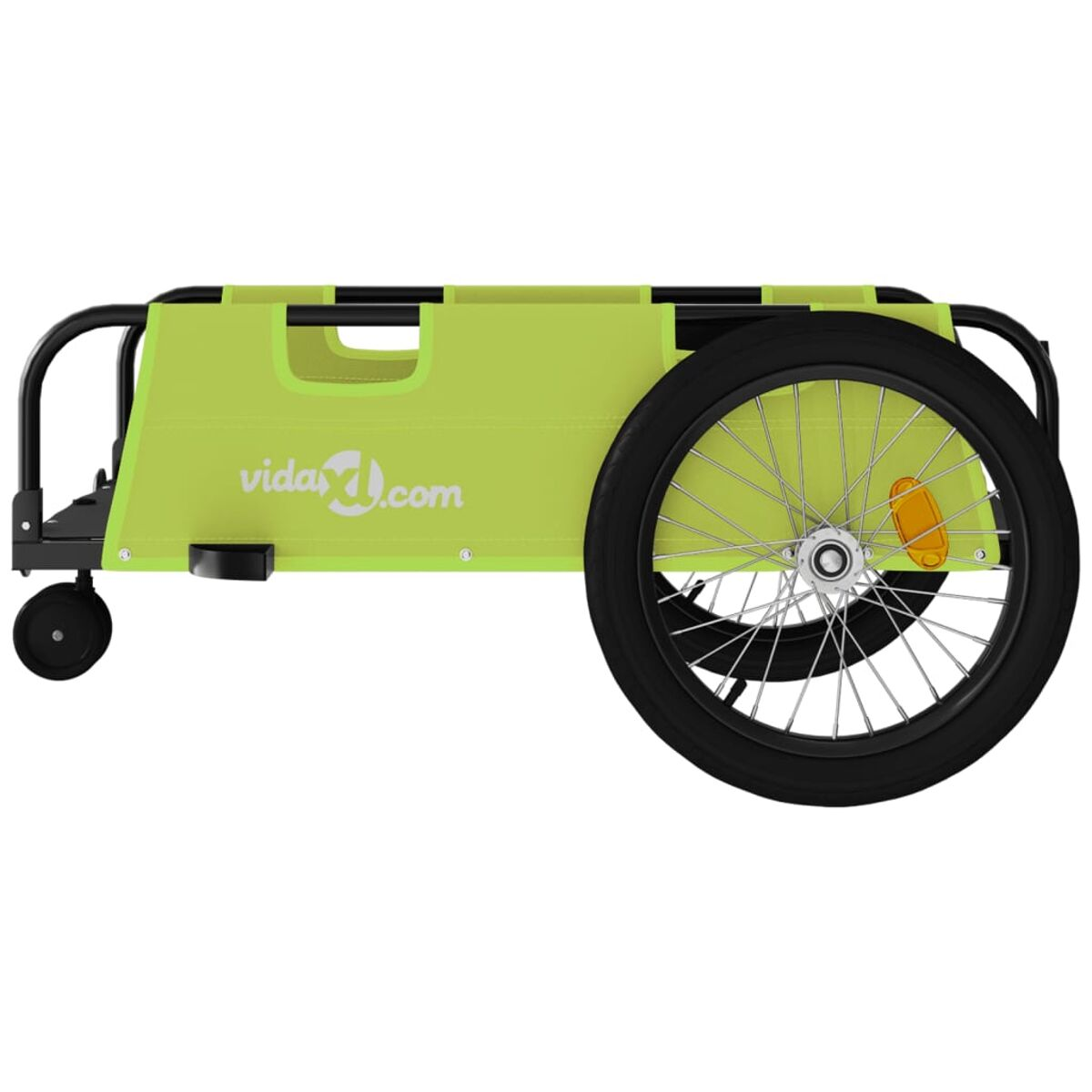 Limettenfarbener Fahrradanhänger mit einem Rad, einem schwarzen Reifen und einem gelben Reflektor, mit weißem Text. Weißer Hintergrund.