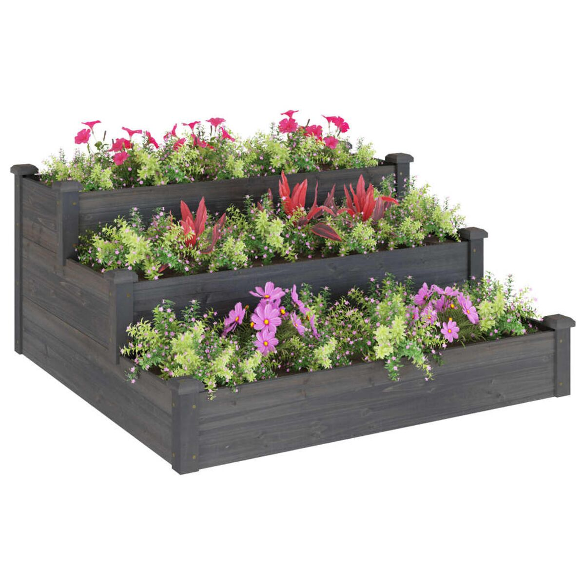 Ein dunkelgrauer, gestufter Holzpflanzer, gefüllt mit roten und rosa Blüten, auf weißem Hintergrund.