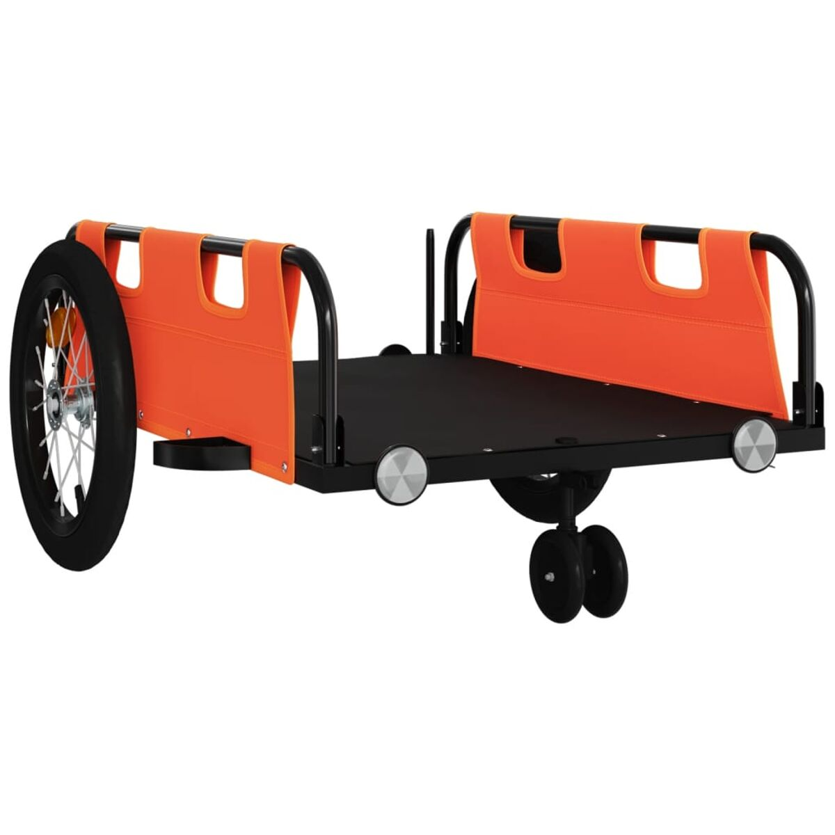 Orangener und schwarzer Fahrradanhänger mit einem Rad. Zwei kleine Räder unten.
