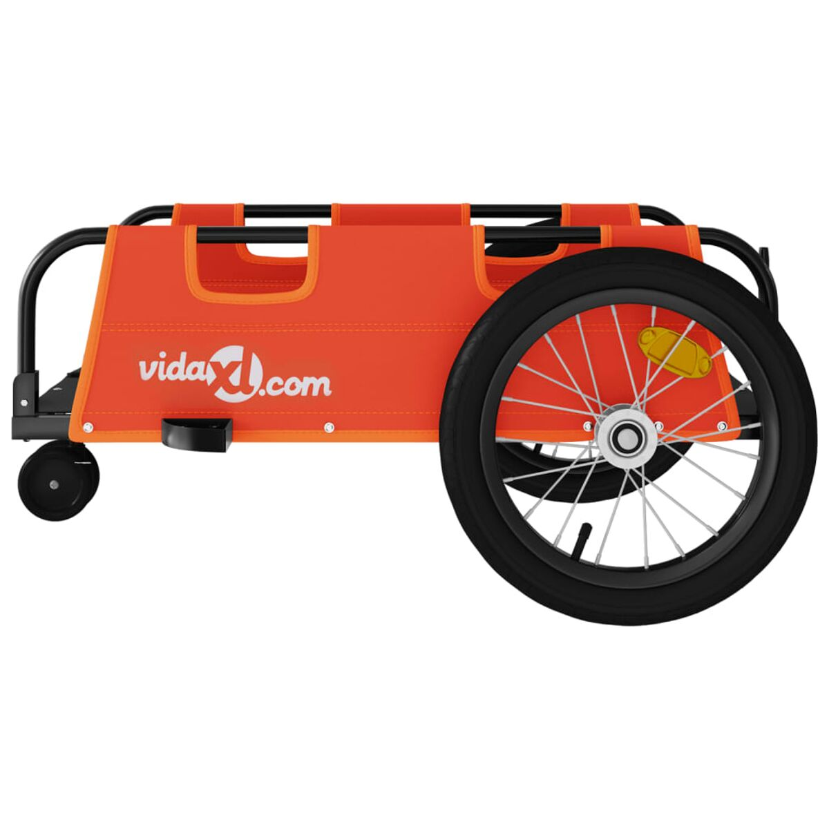 Oranger Fahrradanhänger. Schwarze Räder, Logo vidaXL. Oranges Gewebe.