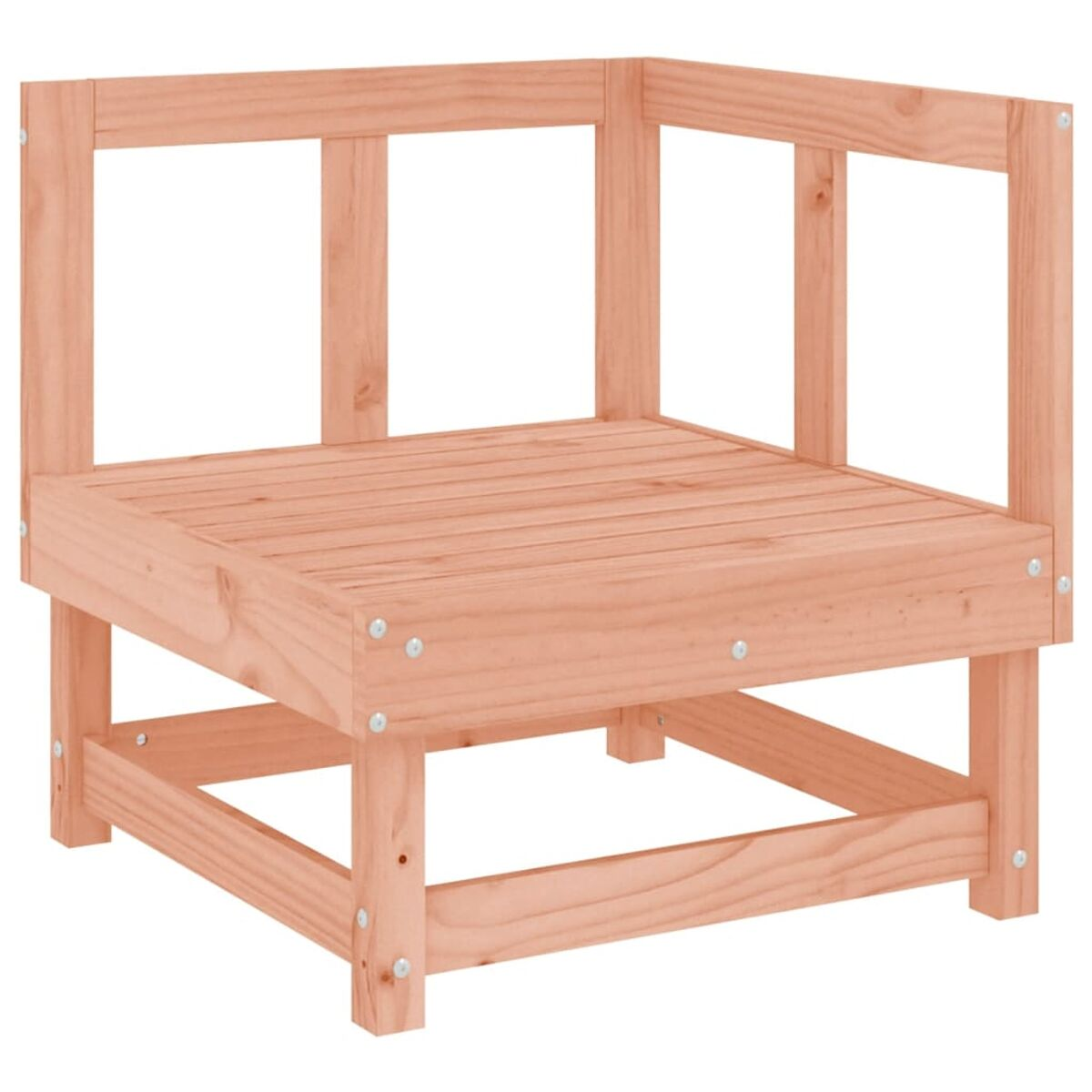 Ein hölzerner Eckstuhl mit quadratischem Sitz und Rückenlehne. Das Holz hat einen rosa Farbton.
