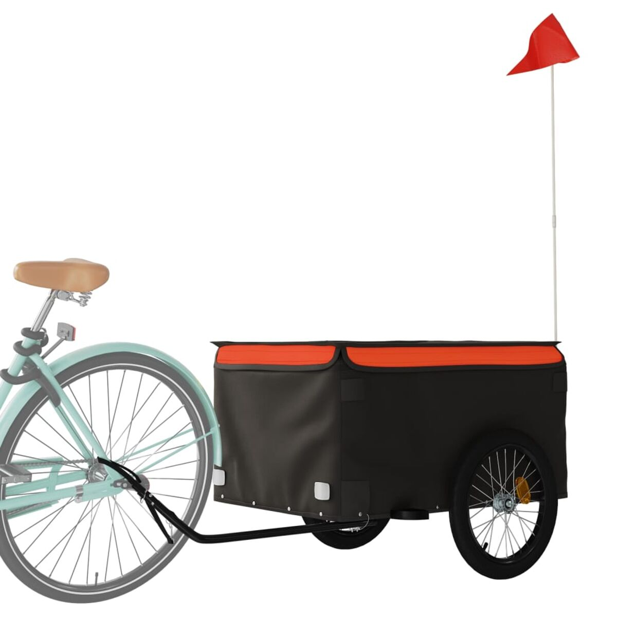 Fahrrad mit Anhänger, schwarz-oranger Anhänger mit roter Fahne auf weißem Hintergrund.