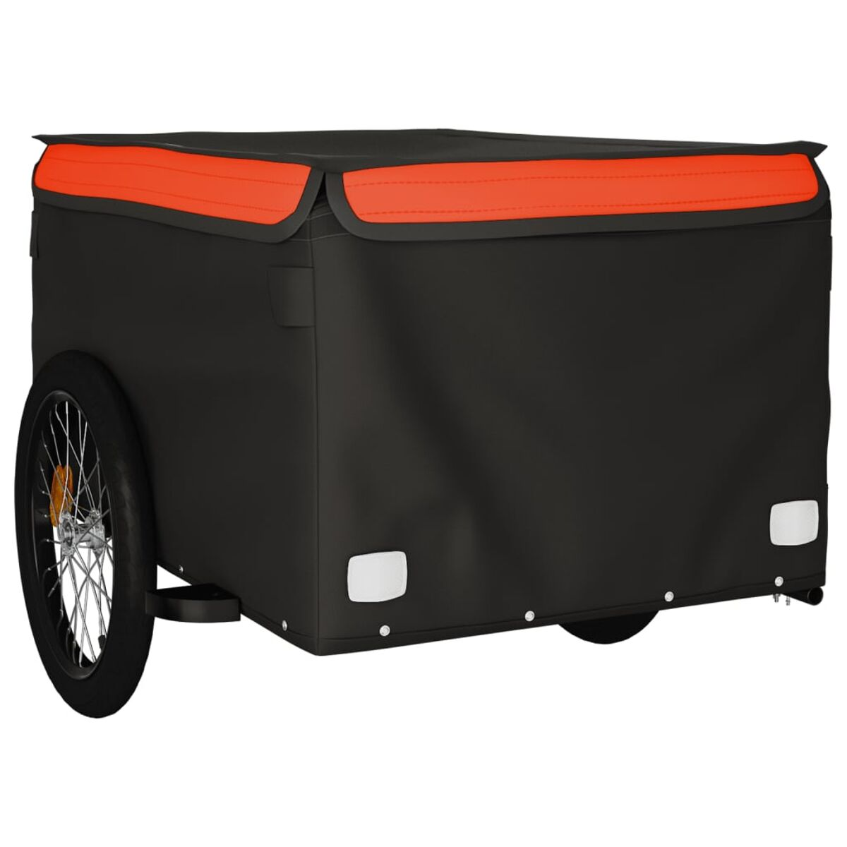 Schwarzer und orangefarbener Fahrradanhänger. Hat ein Rad, Reflektoren und eine Abdeckung.