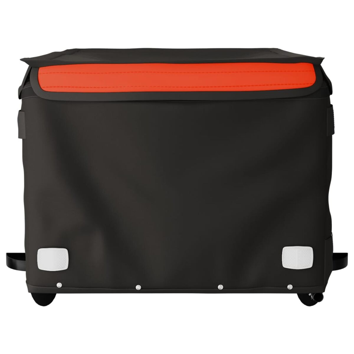 Schwarze Gepäckträgertasche mit orangefarbenem Oberteil.