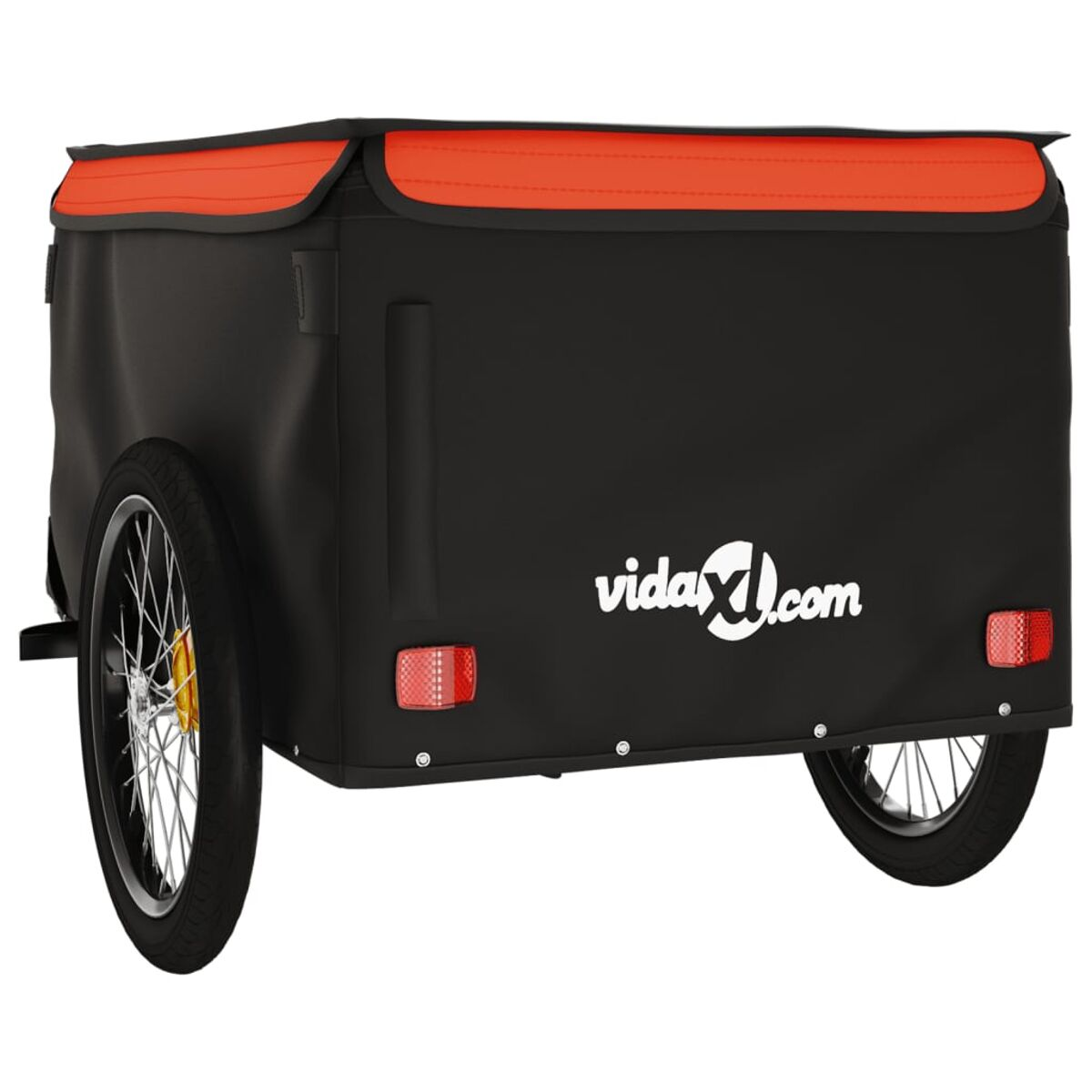 Schwarzer Fahrradanhänger mit rotem Dach. Zwei Räder und ein Logo von vidasxl.com.