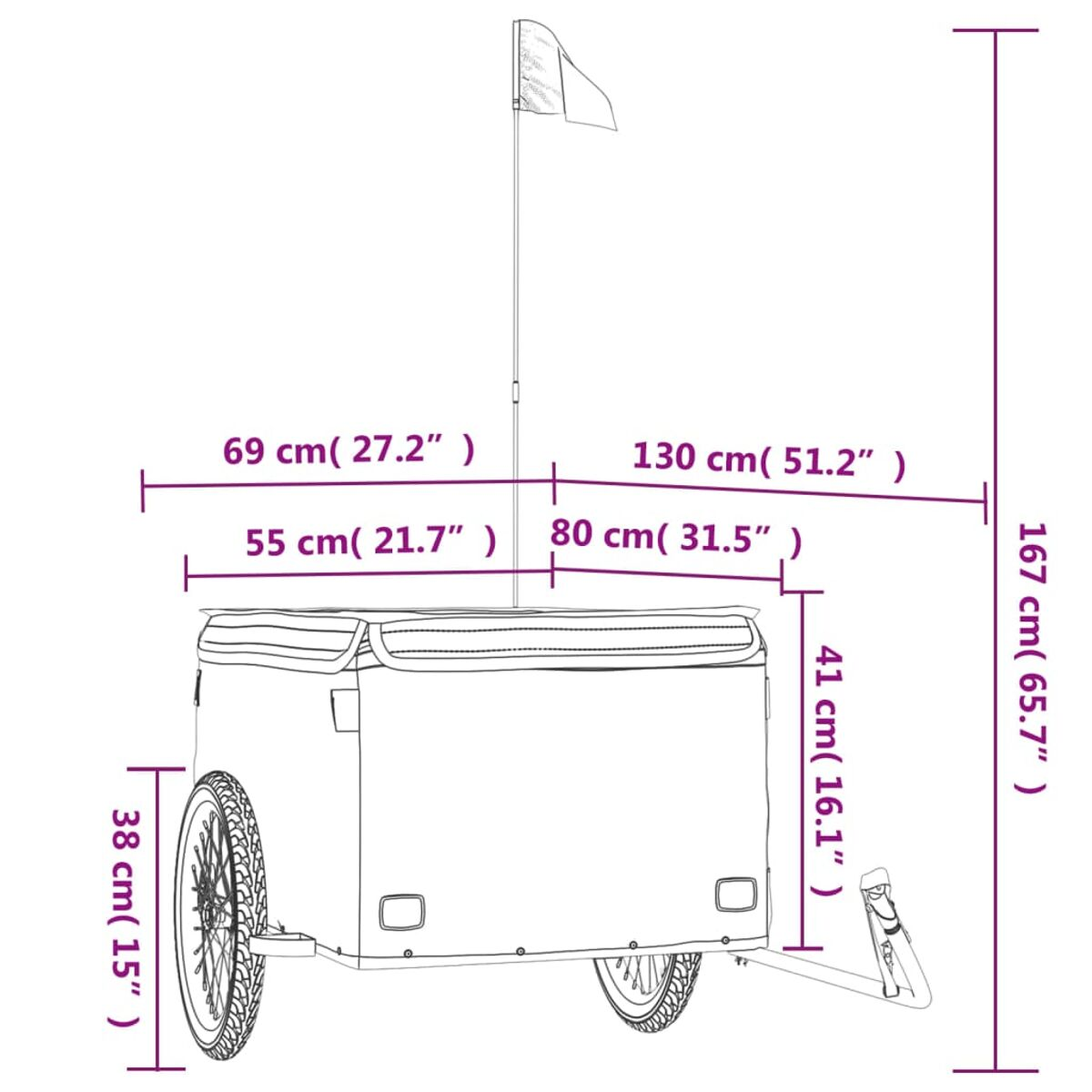 Ein Tieranhänger mit Maßen: 130 cm breit, 41 cm hoch und 80 cm tief.