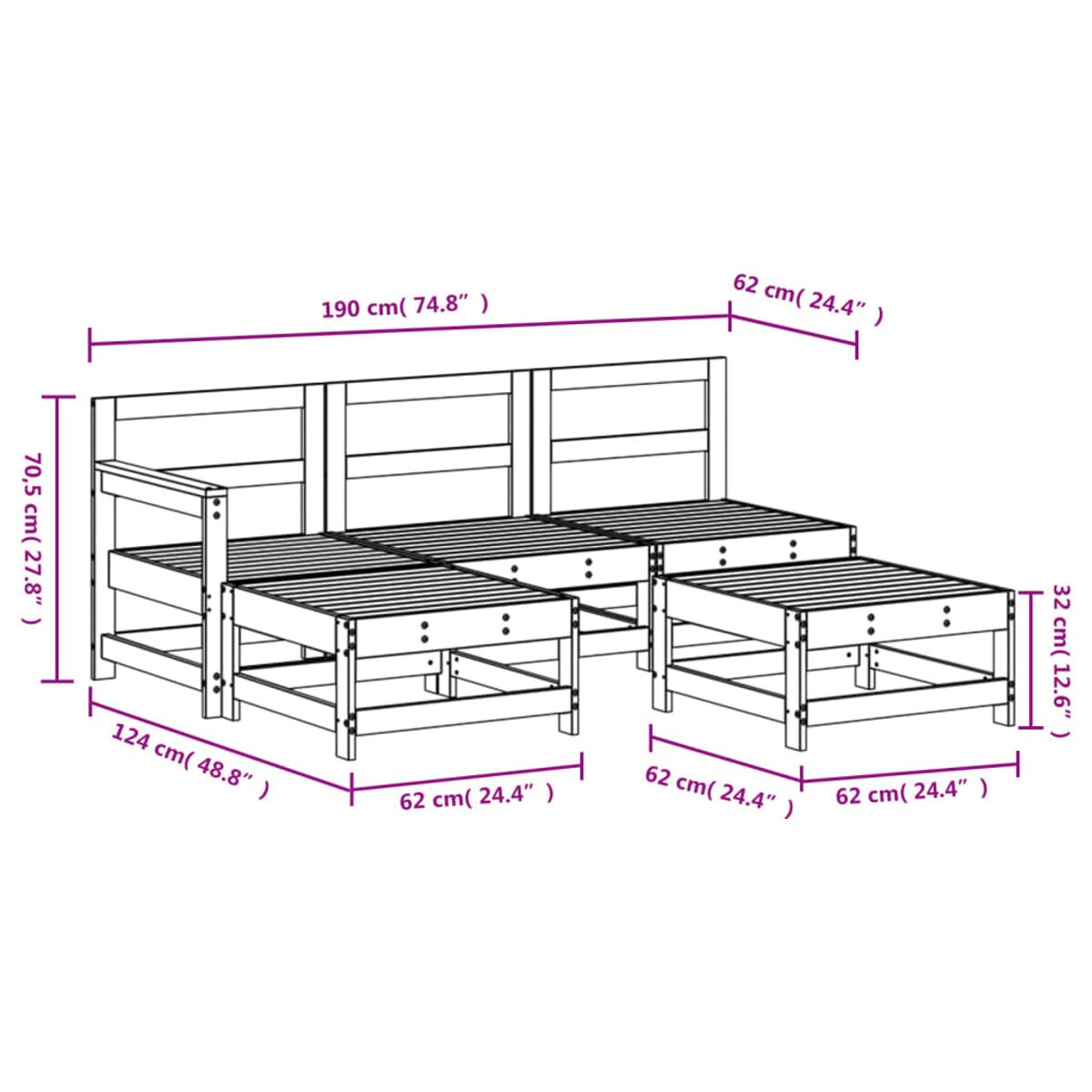 Outdoor-Sofagarnitur mit Maßen, bestehend aus einem Dreisitzer-Sofa und einer Fußstütze, mit Maßangaben.