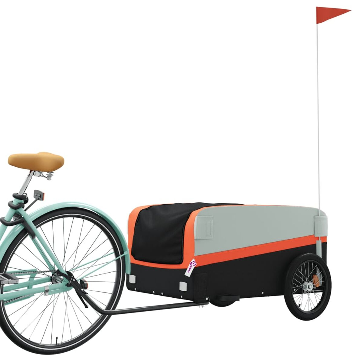 Ein türkisblaues Fahrrad, das einen Anhänger mit roter Fahne zieht. Der Anhänger ist grau und orange.