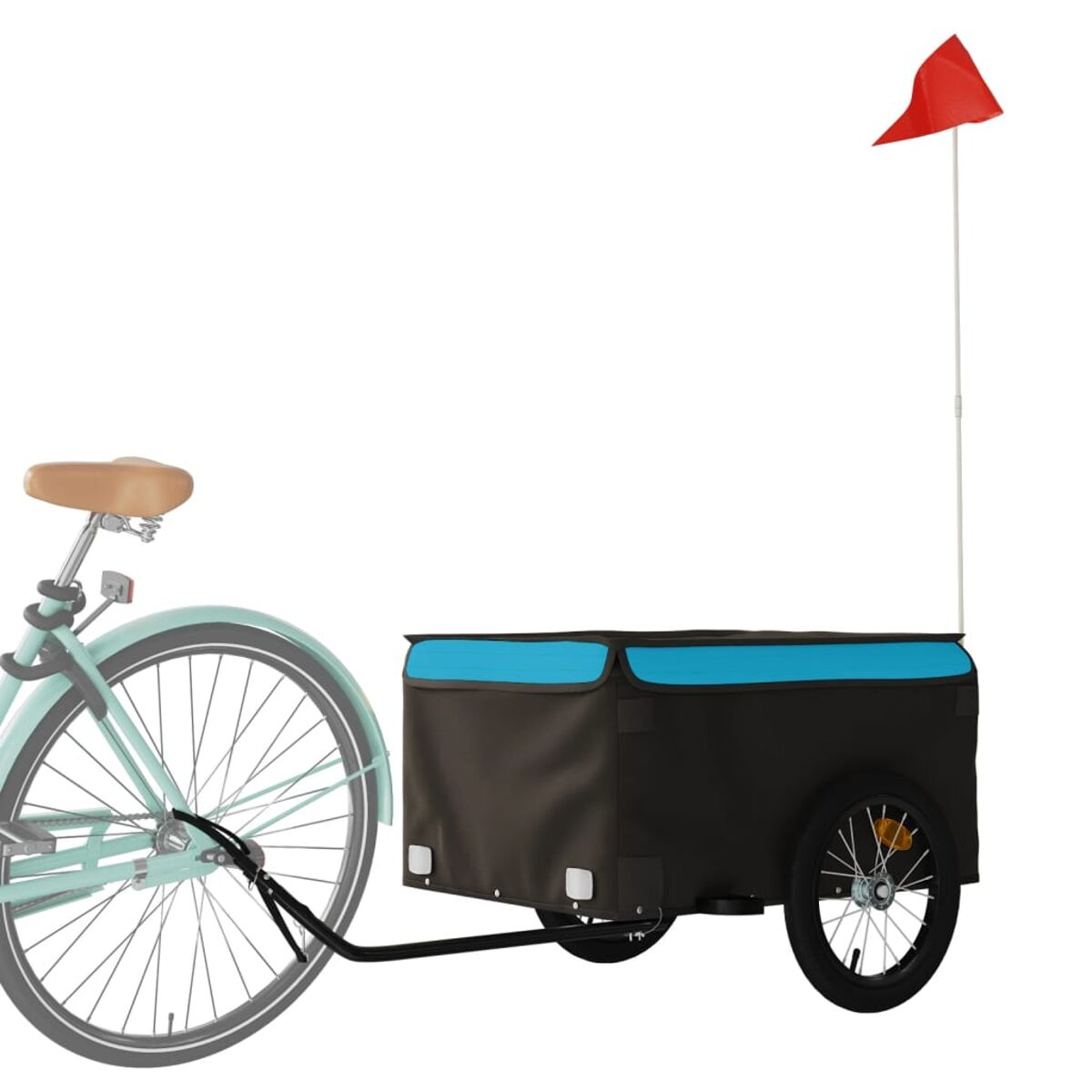 Fahrrad mit Anhänger. Der Anhänger ist schwarz und blau mit roter Flagge.