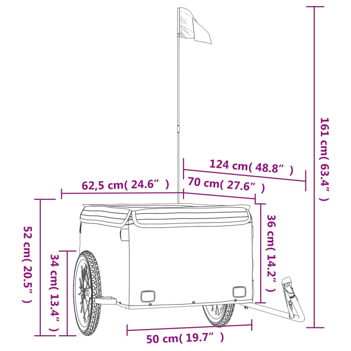 Ein Anhänger mit Flagge, schwarzen Rädern und beschrifteten Abmessungen.