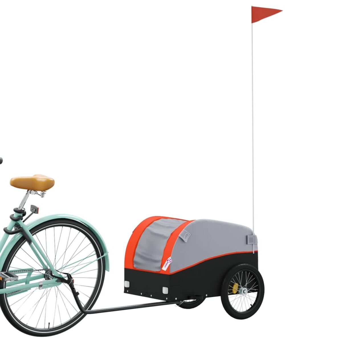 Ein Fahrrad mit Anhänger. Der Anhänger hat eine Flagge und ein orange/graues Design.