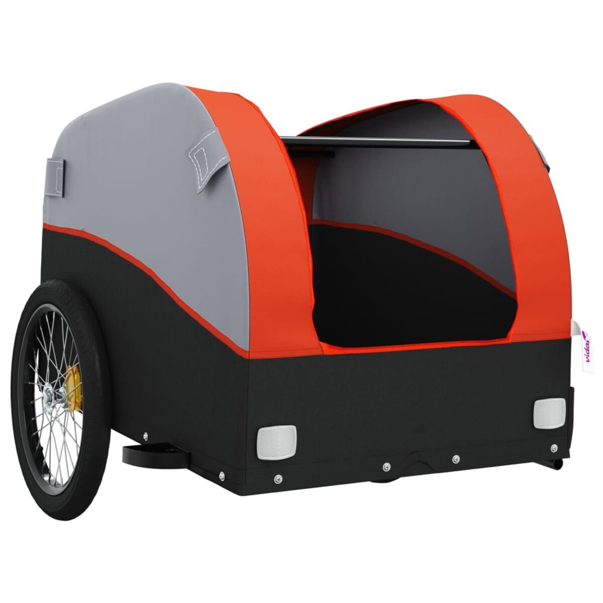 Ein Fahrradanhänger, grau und orange, mit einem einzelnen Rad und einem Vida-Logo.