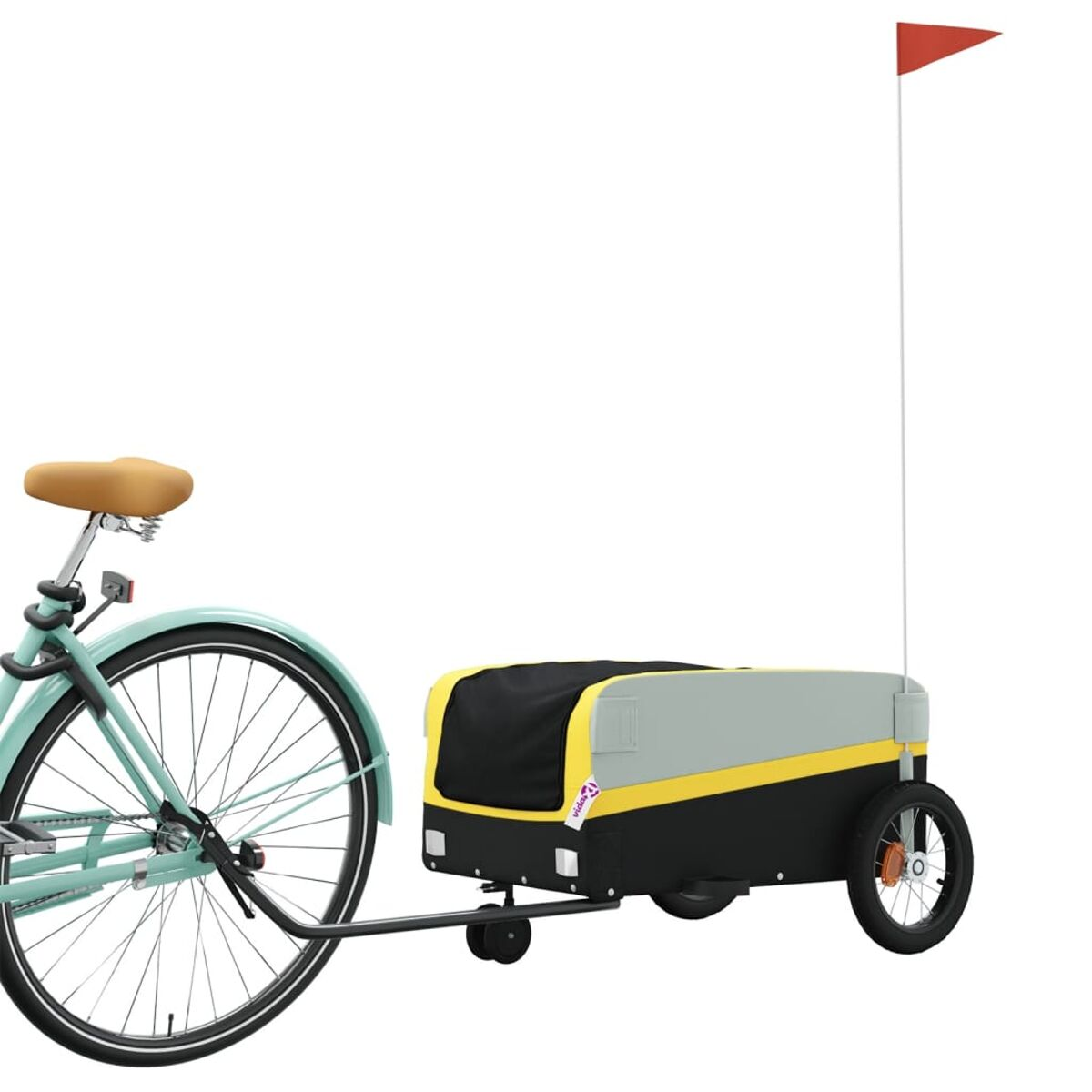 Türkisfarbenes Fahrrad, das einen Anhänger mit roter Fahne zieht. Weiß-grauer Anhänger, gelber Streifen. Weißer Hintergrund.