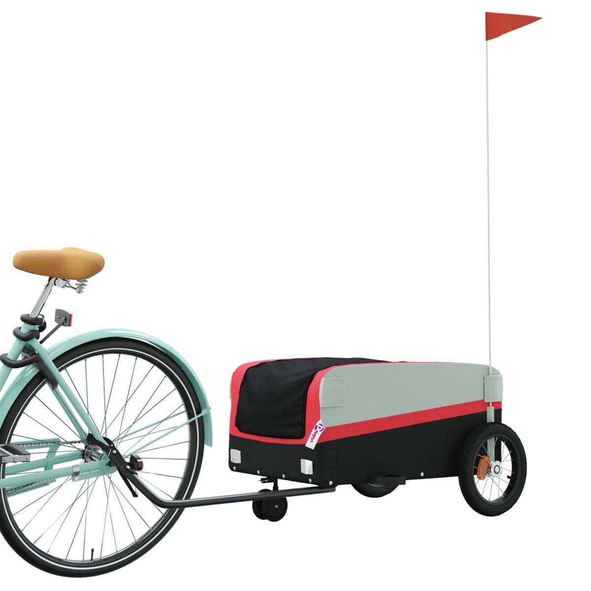 Ein Fahrrad, das einen Anhänger mit roter Fahne zieht.