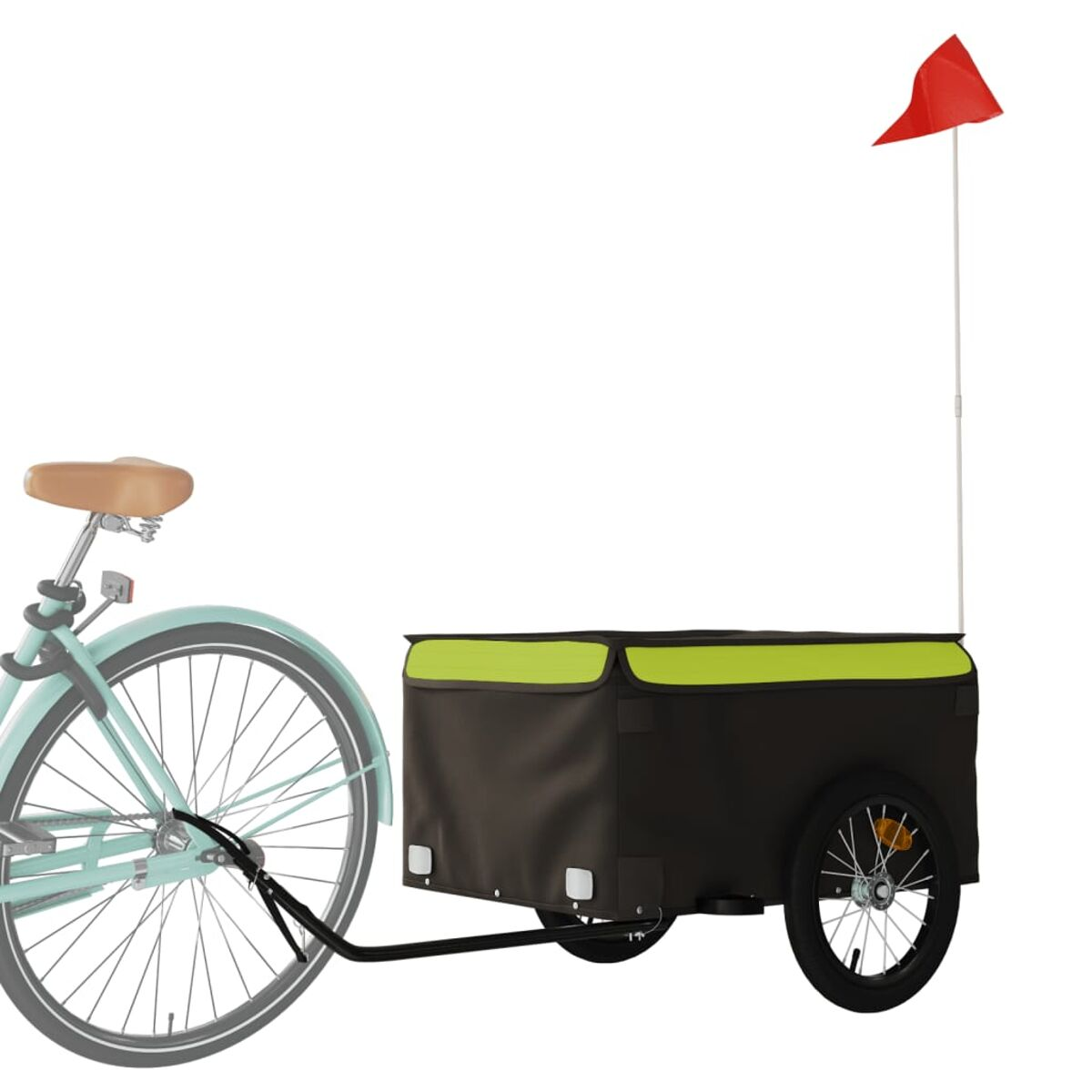 Ein Fahrrad ist an einem schwarzen und grünen Anhänger mit roter Flagge befestigt.