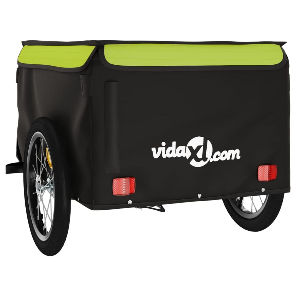 Ein schwarz-grüner Anhänger für ein Fahrrad, mit einem vidaXL.com-Logo und Reflektoren.