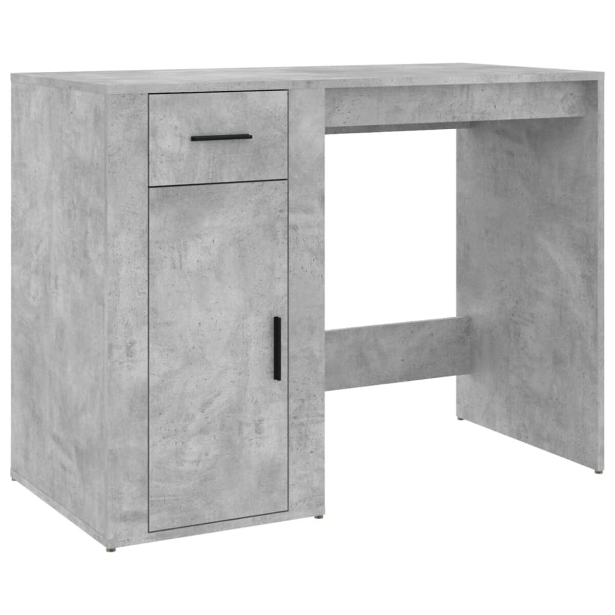 Grauer Schreibtisch in Betonoptik mit Schublade und Schrank. Minimalistisches Design.