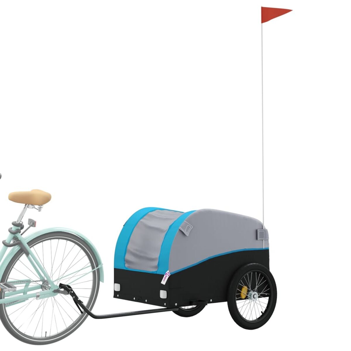 Ein Fahrrad mit Anhänger, der Anhänger hat eine Flagge.