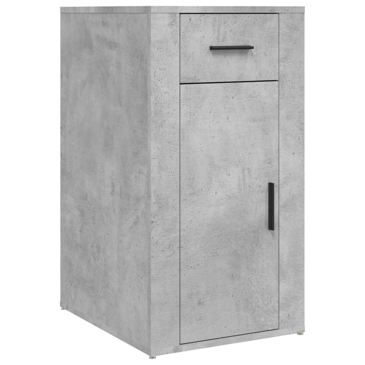Grauer Beton-Schrank mit Schublade und Tür, vor weißem Hintergrund.