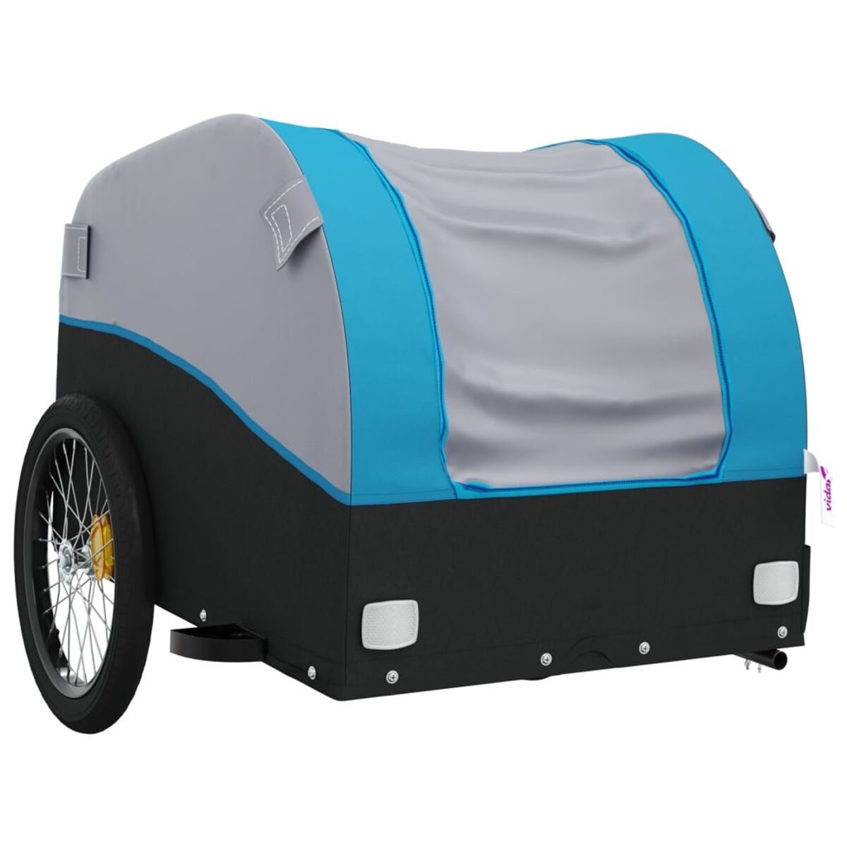 Ein Kinderfahrradanhänger mit grauem Dach, blauen Akzenten und schwarzer Basis mit einem Rad.