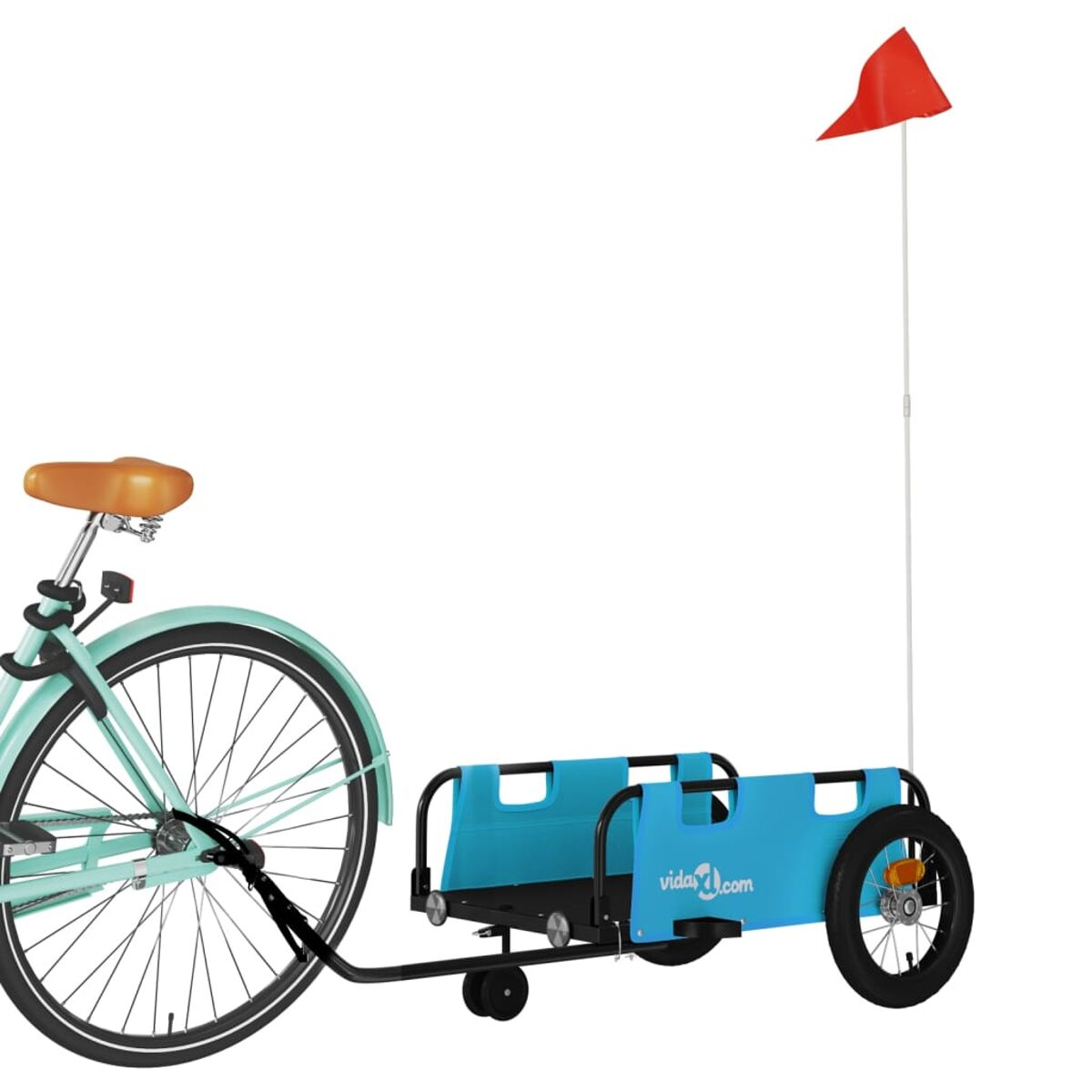 Ein Fahrrad mit Anhänger. Der Anhänger ist blau mit einer roten Fahne. Das Fahrrad ist hellblau.