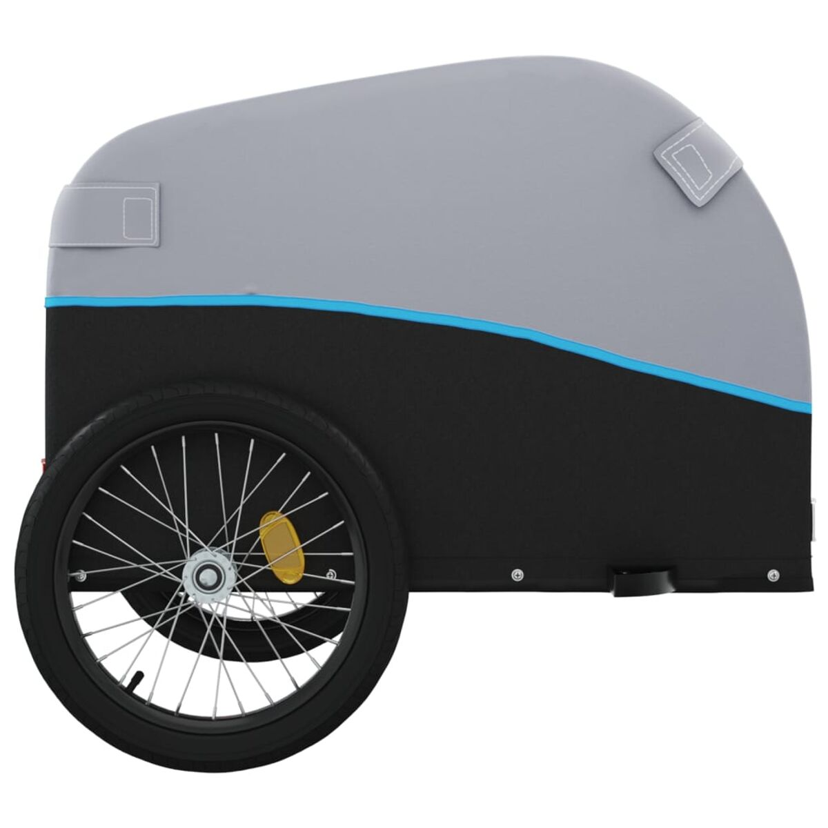 Seitenansicht eines grau-schwarzen Fahrradanhängers mit Rad und blauem Streifen.