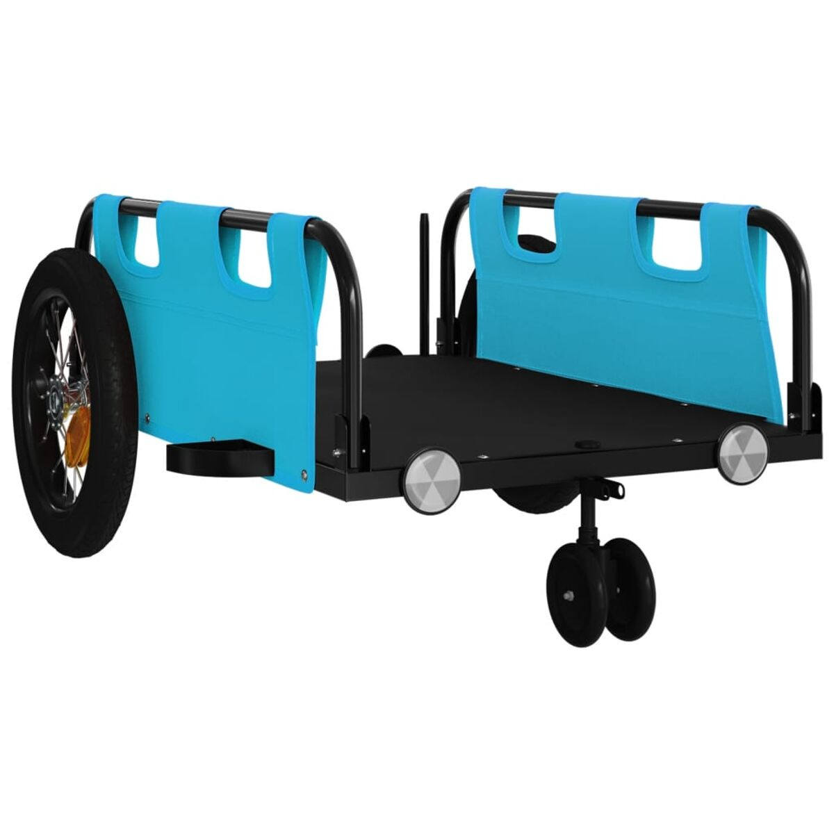 Ein schwarz-blauer Fahrradanhänger mit einem Rad und zwei kleinen Rädern.