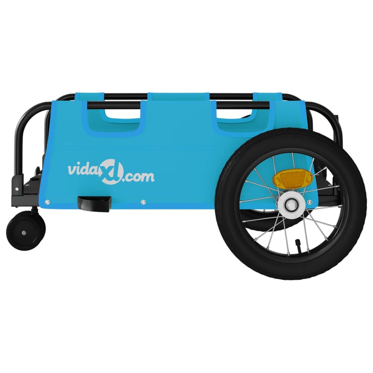 Blauer Fahrradanhänger mit zwei kleinen und einem großen Rad. Der Markenname vidaXL steht auf der Seite.