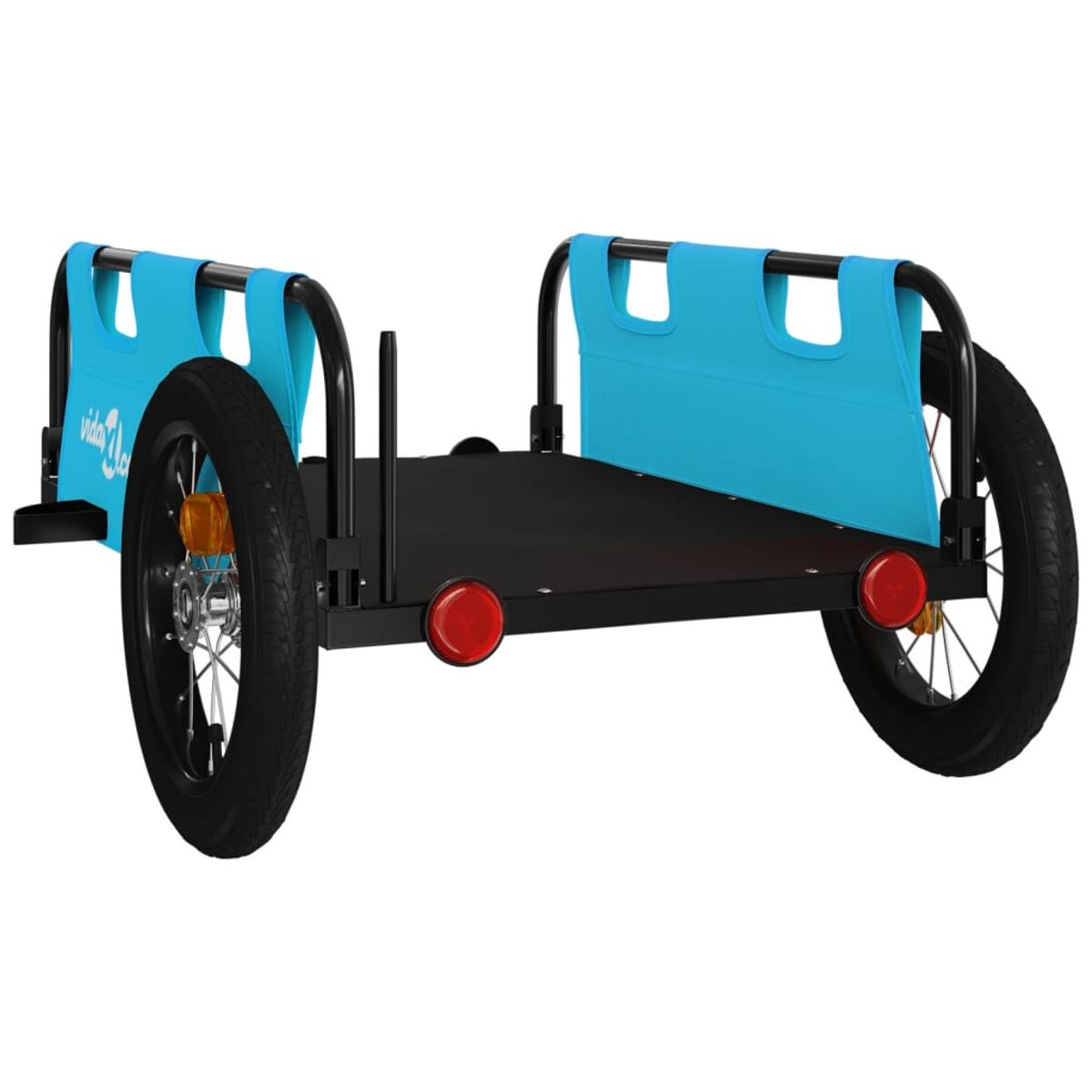 Ein schwarzer Fahrradanhänger mit zwei Rädern und blauen Sitzen. Enthält Reflektoren und ein vidaXL-Logo.