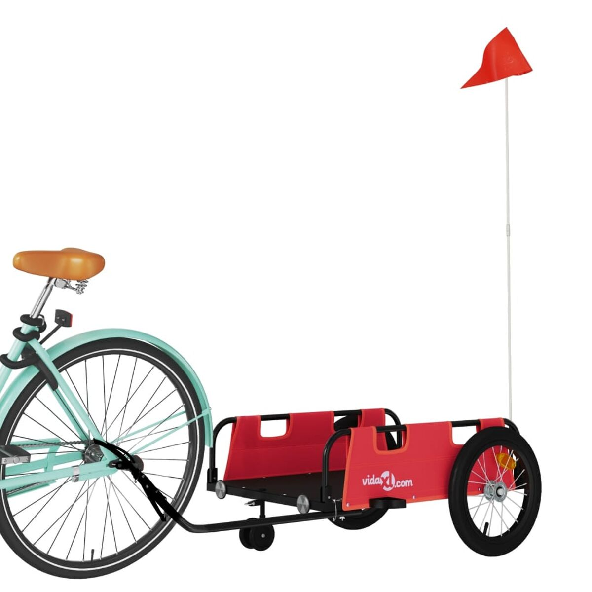 Fahrrad zieht roten Anhänger mit Fahne und vidaXL Logo.