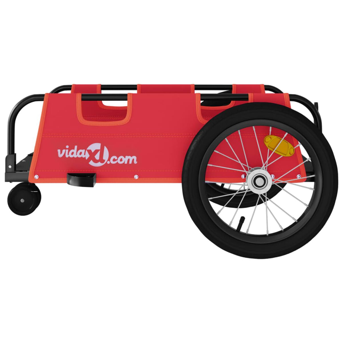 Roter Fahrradanhänger. Schwarze Räder, rote Seiten und weißes vidaXL.com-Logo. Seitenansicht.
