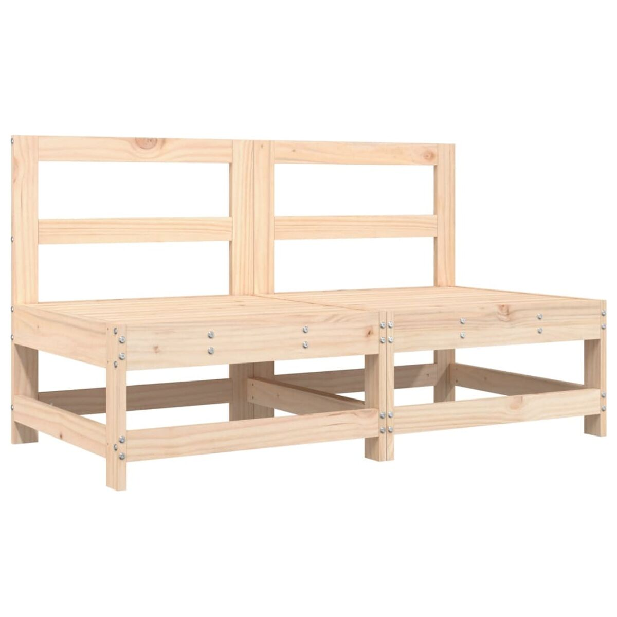 Zwei Holzbanke zusammengefügt, die Struktur und das Design zeigen, von vorne betrachtet.