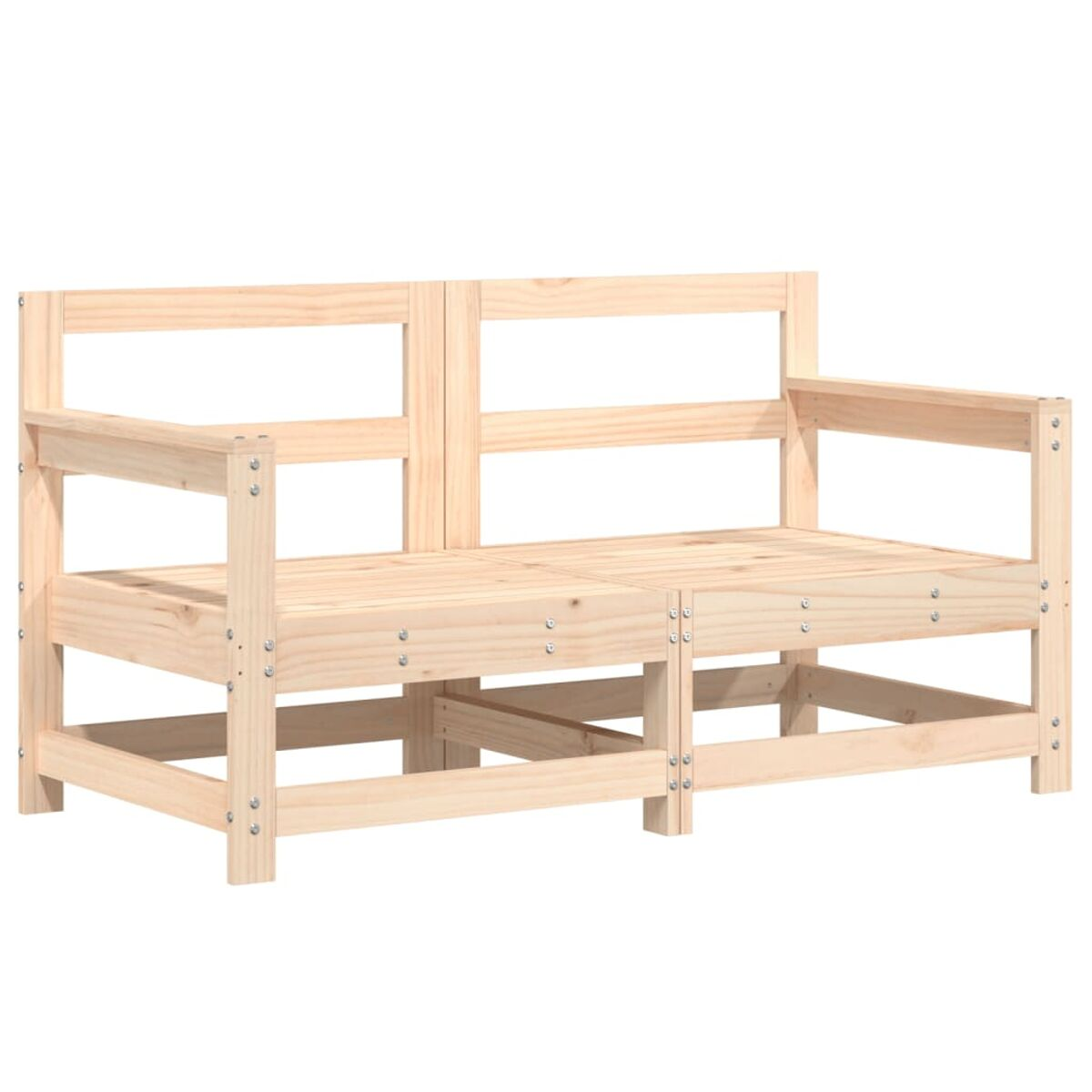 Zweisitzer-Holzbank mit Armlehnen. Sie ist aus hellem Holz gefertigt und hat ein schlichtes Design.